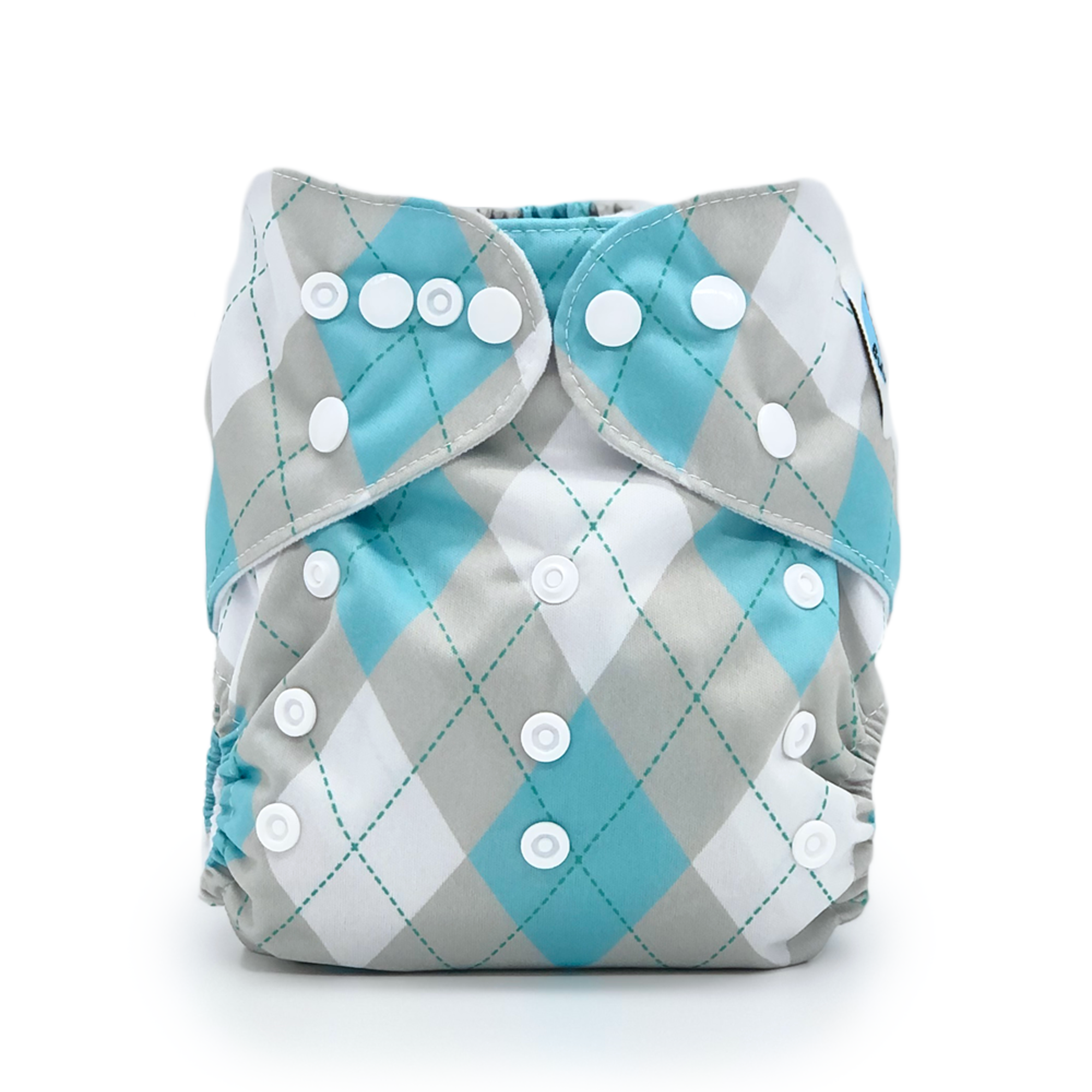 Stylish 'Oxford' cloth diaper featuring classic argyle pattern in bright whites, aqua blues, and calming grey with a microfiber insert.