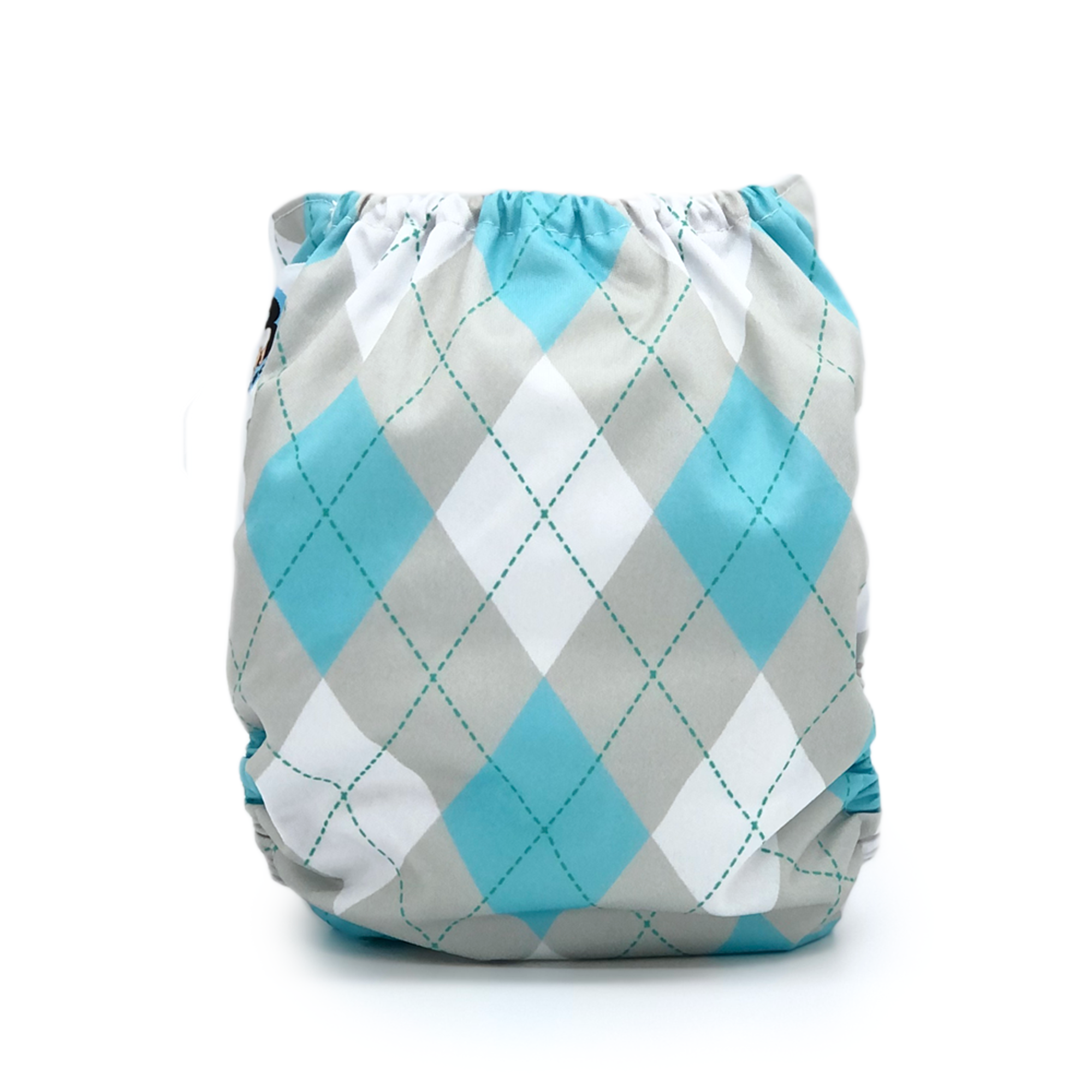 Stylish 'Oxford' cloth diaper featuring classic argyle pattern in bright whites, aqua blues, and calming grey with a microfiber insert.