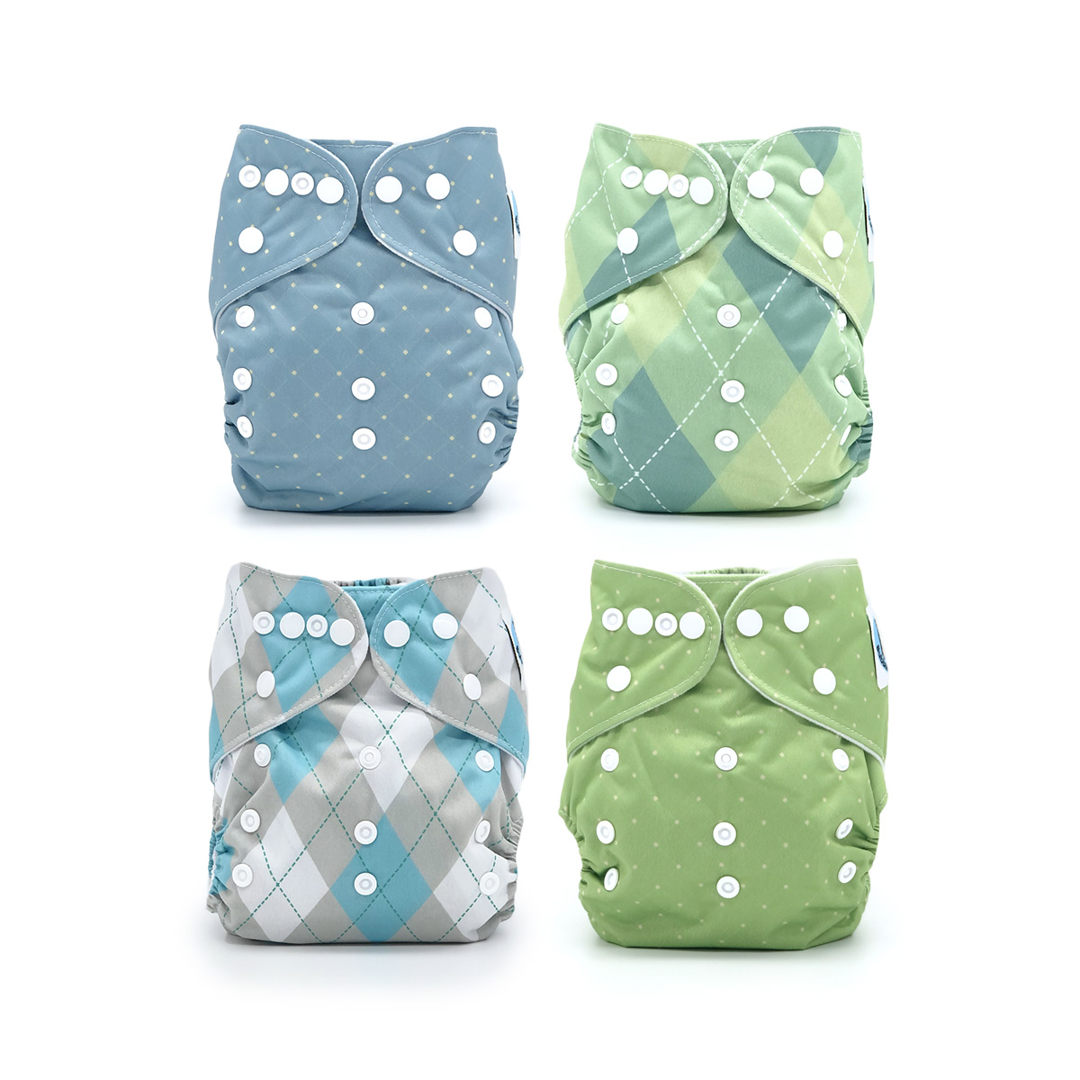 Regent Street Cloth Diaper Collection featuring four stylish pocket diapers in Wellington, Harper, Fairway, and Oxford prints with microfiber inserts.