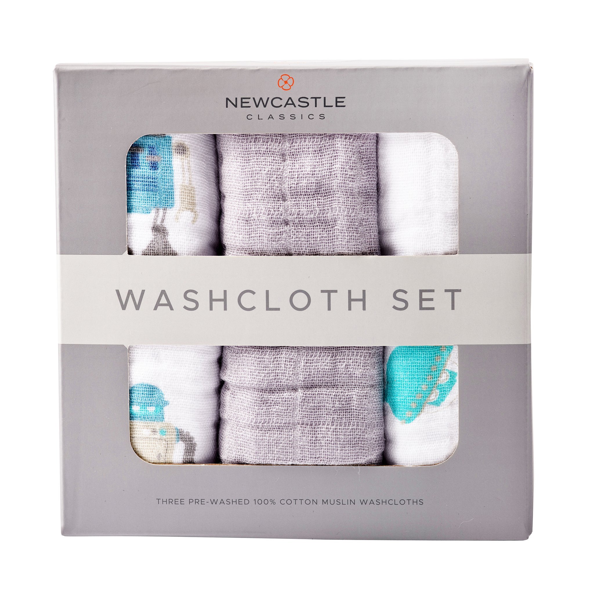 A colorful Robot Washcloth Set featuring plush cotton material, designed for children's bath time with vibrant robot prints.