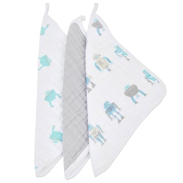 A colorful Robot Washcloth Set featuring plush cotton material, designed for children's bath time with vibrant robot prints.