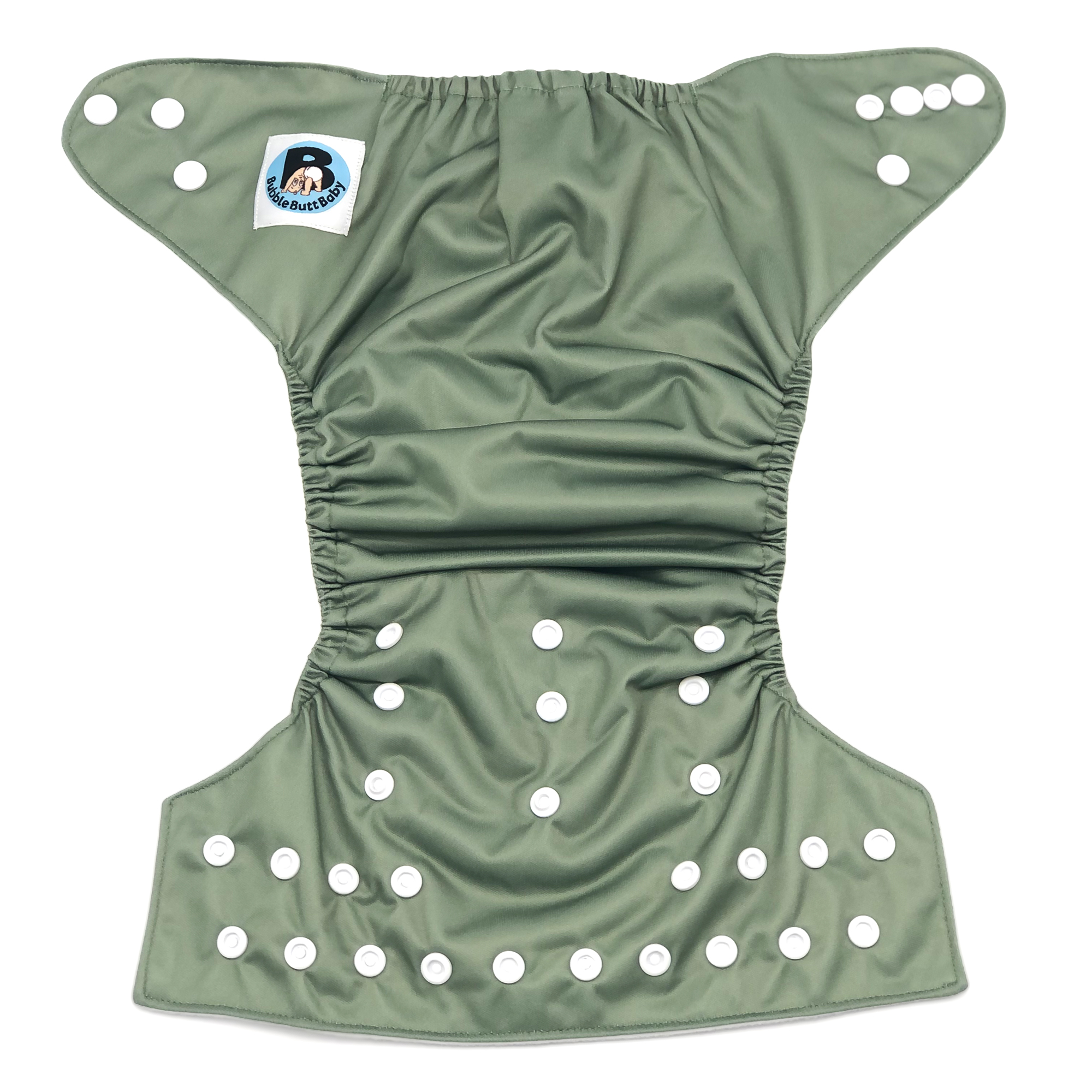 Sage Cloth Diaper in celadon and sage green, featuring adjustable snaps and a microfiber insert, perfect for eco-friendly parenting.