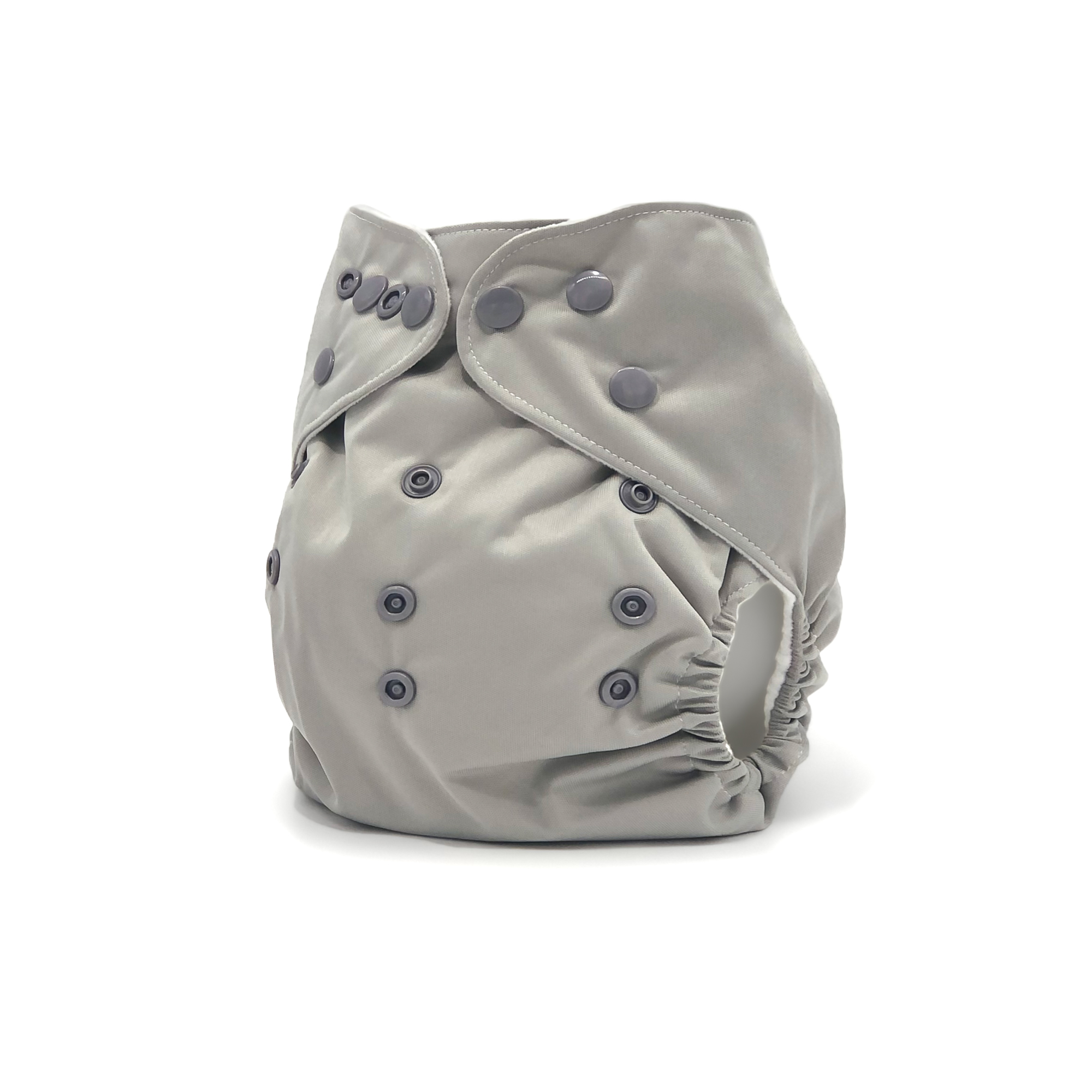 Stormy Cloth Diaper in exclusive grey color with matching snaps, featuring a waterproof outer layer and soft microsuede inner layer.