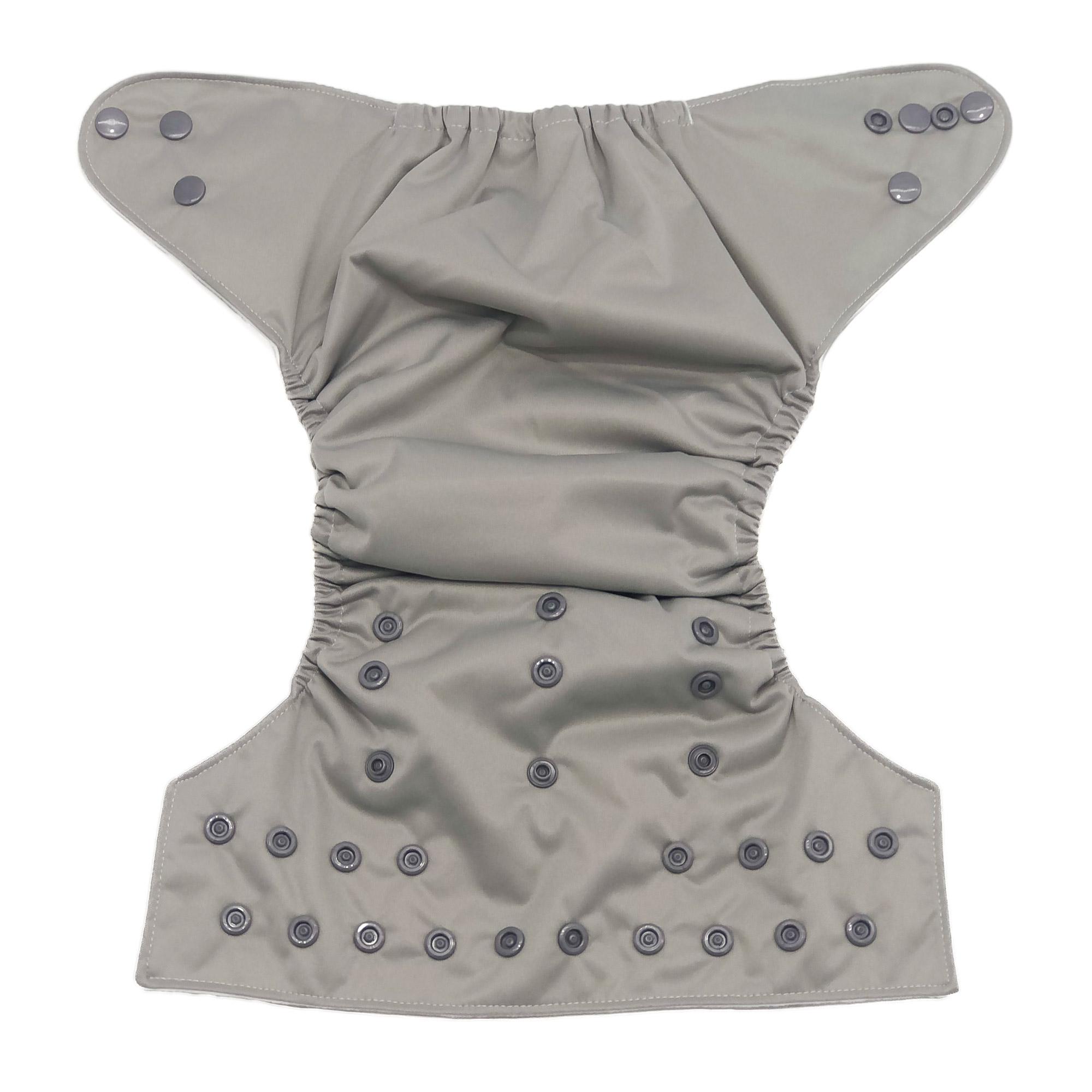 Stormy Cloth Diaper in exclusive grey color with matching snaps, featuring a waterproof outer layer and soft microsuede inner layer.