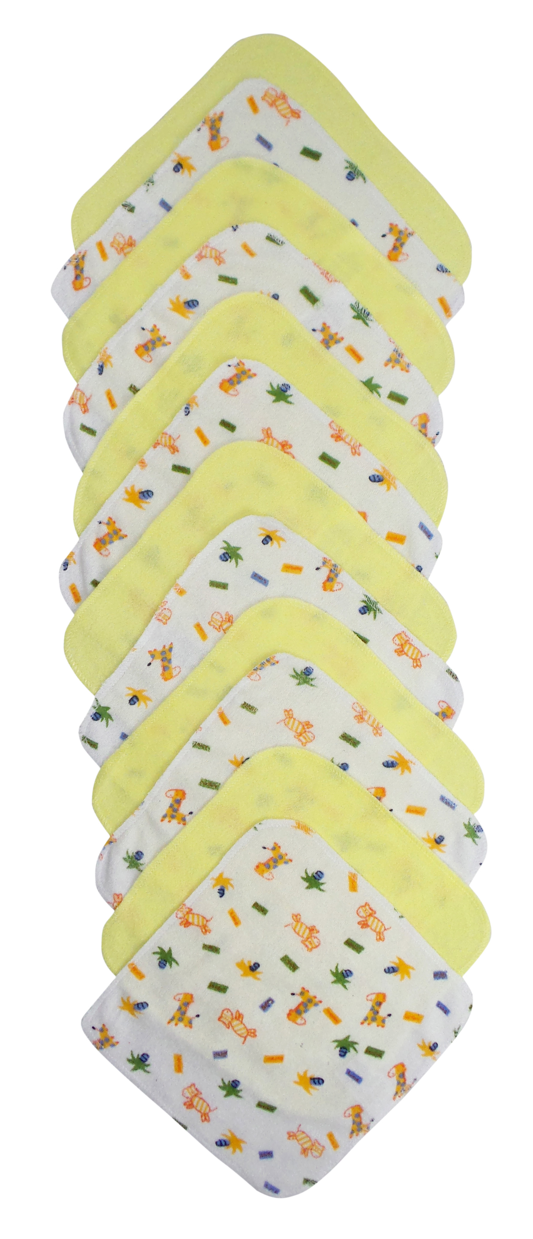 A vibrant twelve piece wash cloth set for infants, featuring soft yellow cloths with assorted playful prints, perfect for cleaning baby messes.