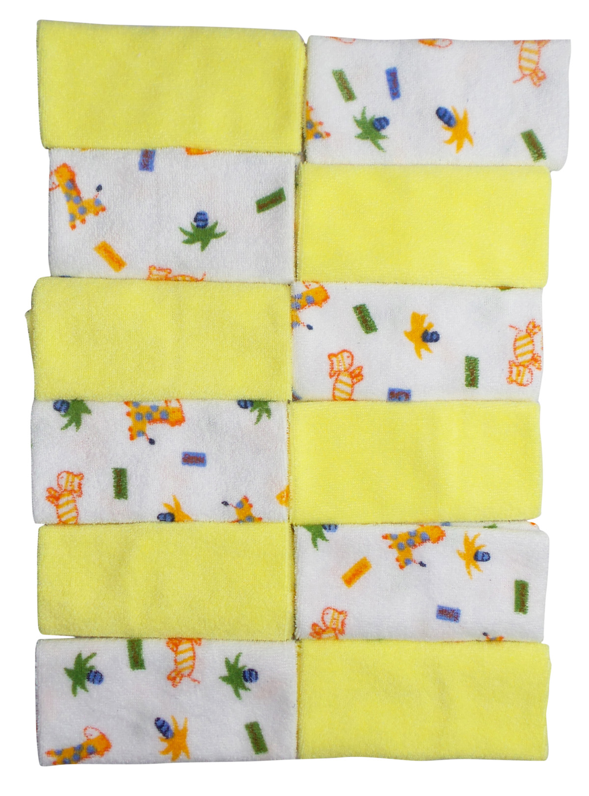 A vibrant twelve piece wash cloth set for infants, featuring soft yellow cloths with assorted playful prints, perfect for cleaning baby messes.