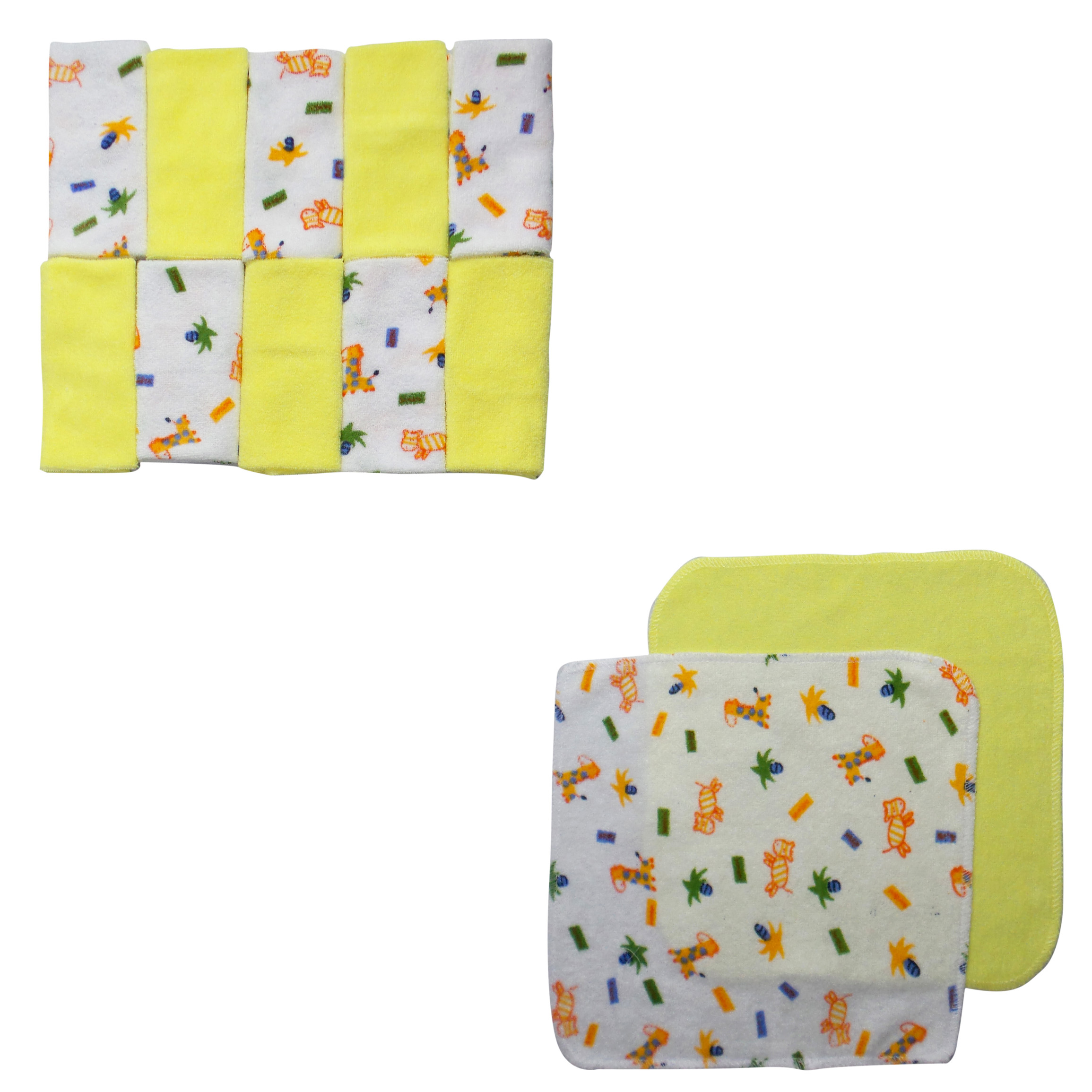 A vibrant twelve piece wash cloth set for infants, featuring soft yellow cloths with assorted playful prints, perfect for cleaning baby messes.