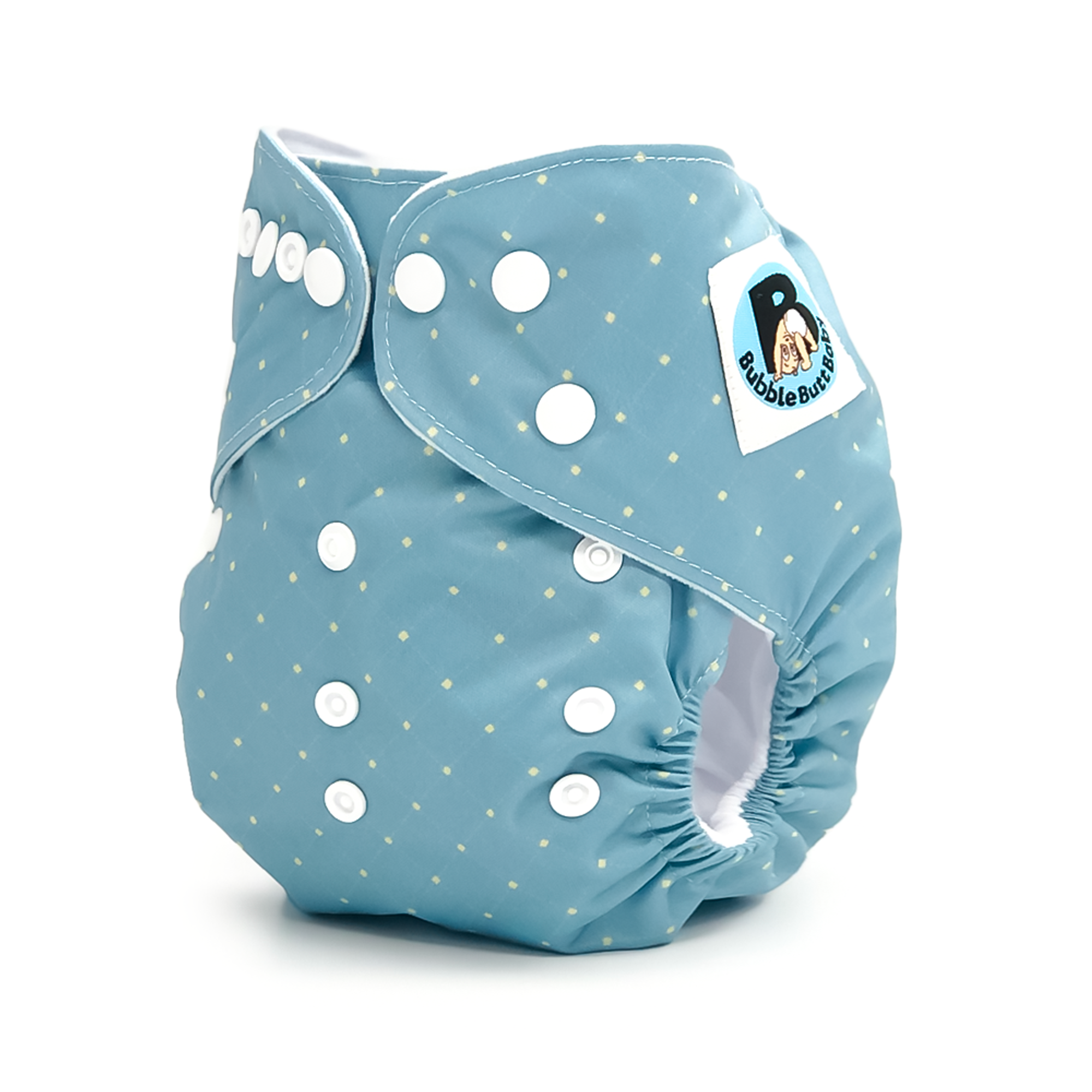 Wellington cloth diaper featuring a denim-inspired design with a subtle quilted pattern, showcasing its stylish and functional features.