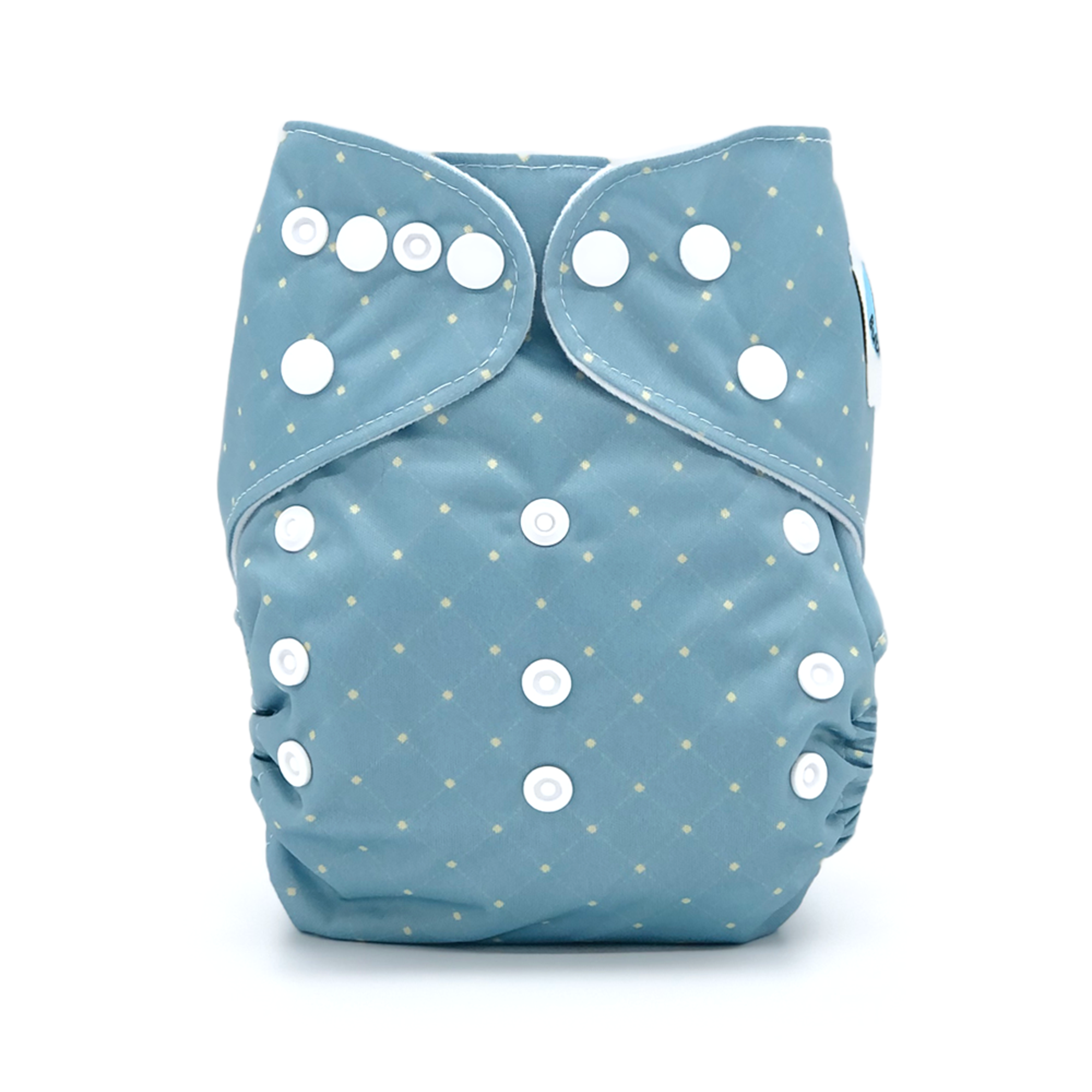 Wellington cloth diaper featuring a denim-inspired design with a subtle quilted pattern, showcasing its stylish and functional features.