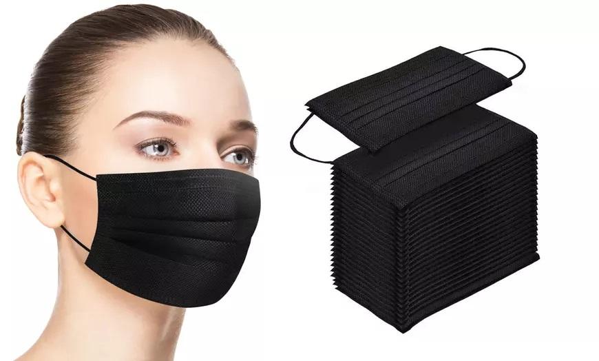 A pack of 50 black 3-ply non-medical face masks with soft elastic ear loops, designed for comfort and breathability.