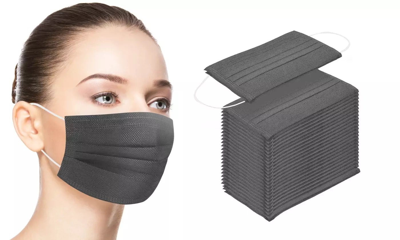 A pack of 50 black 3-ply non-medical face masks with soft elastic ear loops, designed for comfort and breathability.