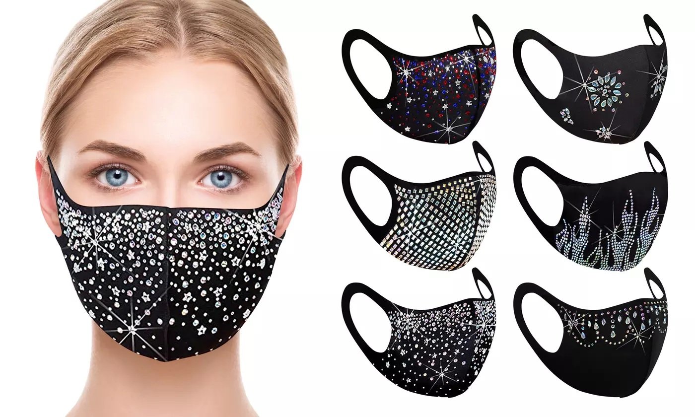 A vibrant assortment of six rhinestone bling face masks in various colors, showcasing their lightweight design and sparkling embellishments.