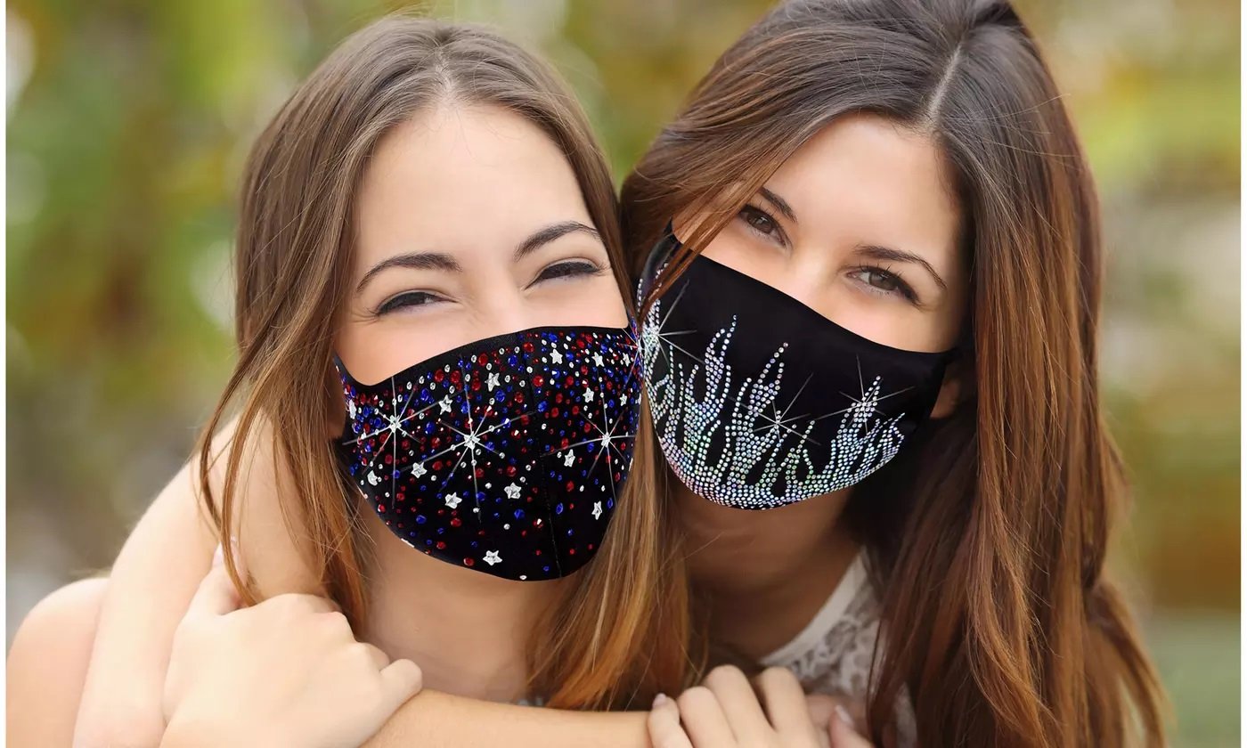 A vibrant assortment of six rhinestone bling face masks in various colors, showcasing their lightweight design and sparkling embellishments.