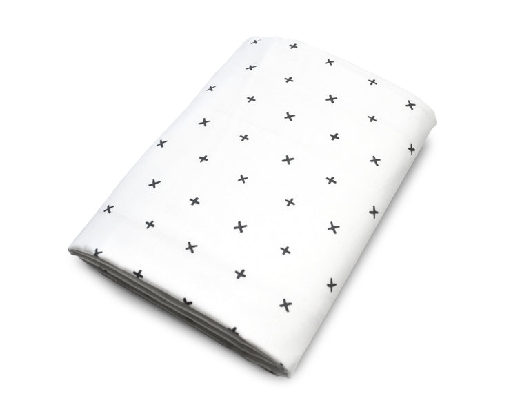 All My Hugs Classic Crib Bedding Set featuring a modern design with a charcoal blanket, fitted sheet, and crib skirt made from 100% organic cotton.