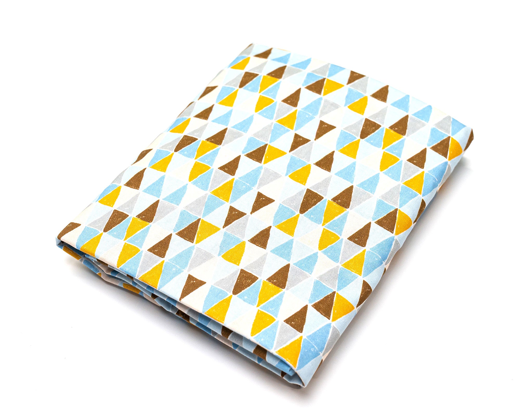 Blue Banners Marching Classic Crib Bedding Set featuring vibrant triangles in blue, brown, gray, and mustard colors, made from premium cotton.