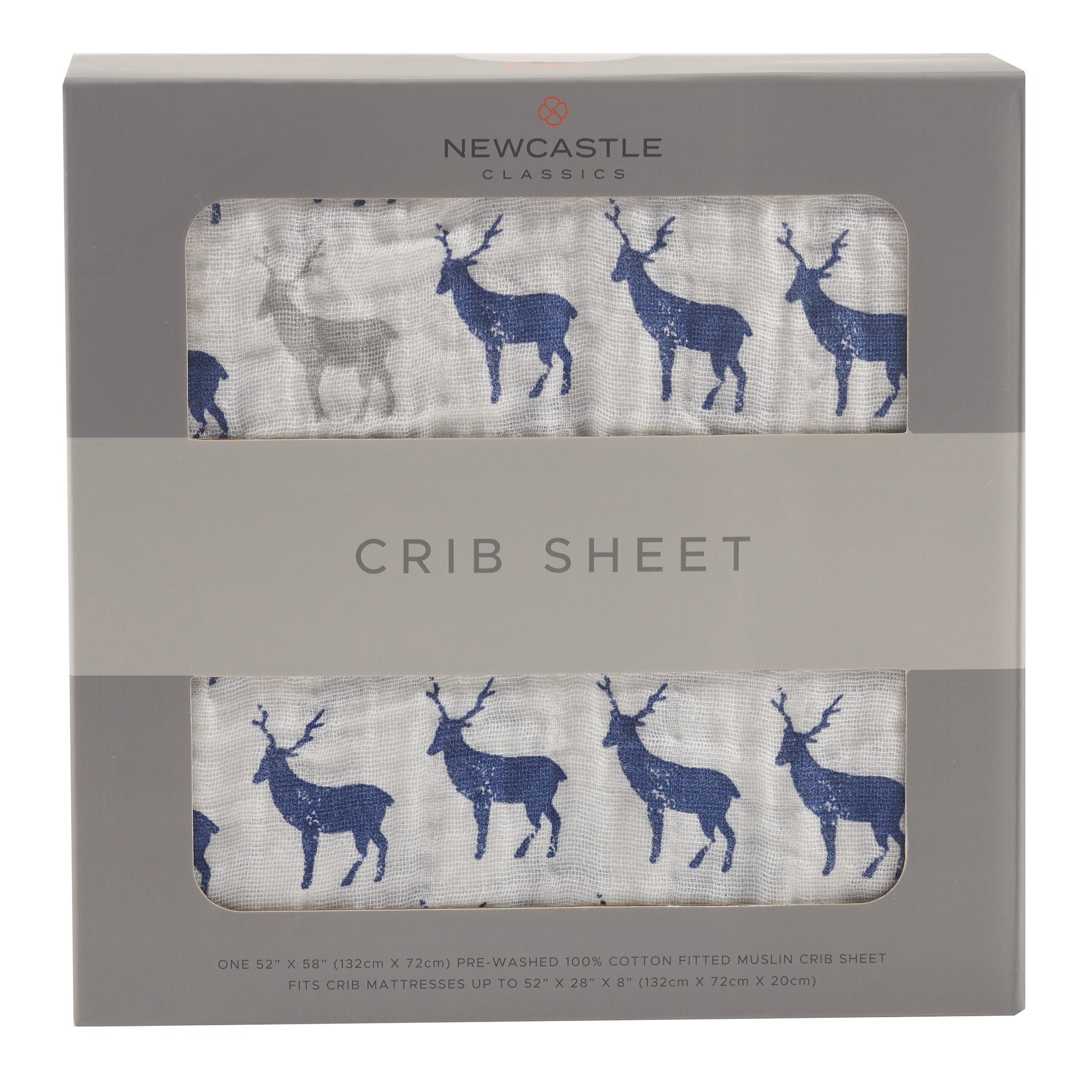 Blue Deer Cotton Muslin Crib Sheet featuring a soft, breathable fabric with a whimsical deer pattern, tailored for standard crib mattresses.