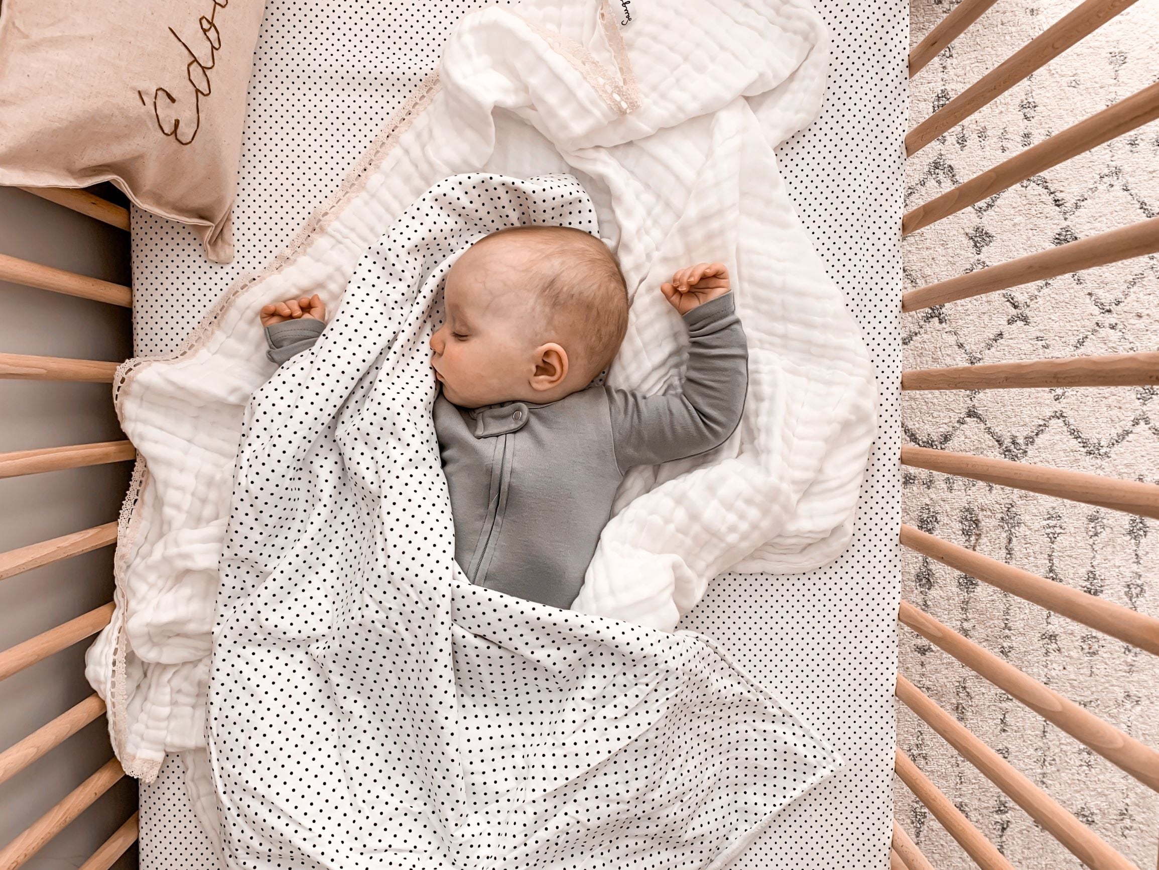 Connect the Dots Classic Crib Bedding Set featuring black dots on a white background, including a crib sheet, skirt, and soft blanket.