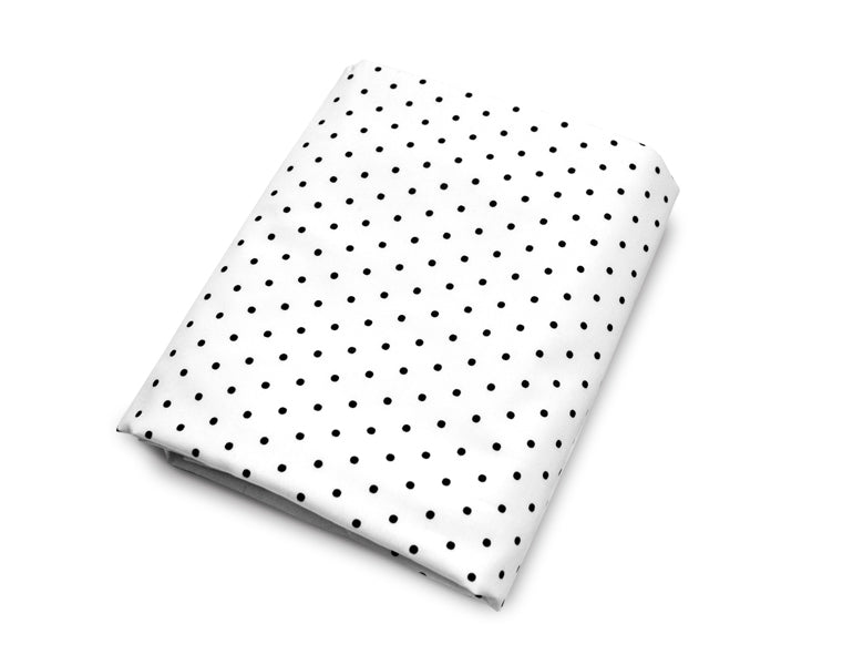 Connect the Dots Fitted Crib Sheet featuring playful black dots on a white background, made from 100% cotton percale for ultimate comfort.