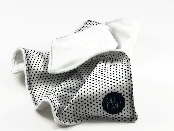 Connect the Dots Lovey security blanket featuring a modern black and white dot design, made from soft minky fabric and cotton percale.