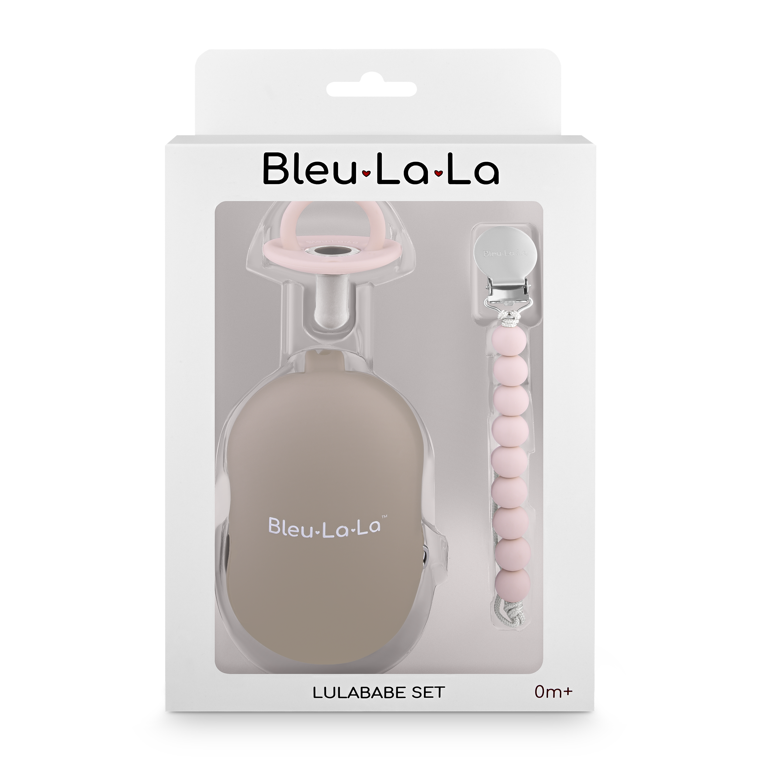 Lulababe Pacifier, Clip, and Case Gift Set featuring a pacifier, matching clip, and stylish case in soft colors.