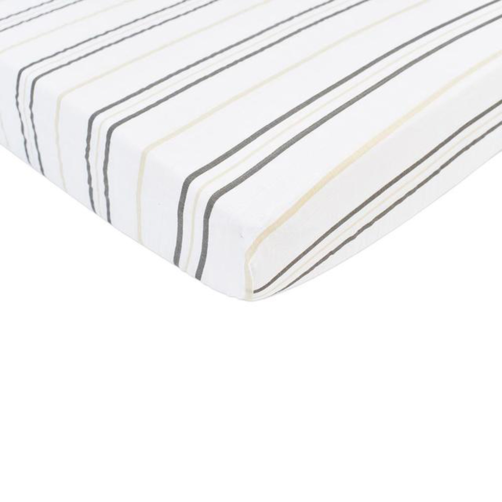 A soft grey stripe crib sheet fitted on a standard crib mattress, showcasing its breathable fabric and stylish design.