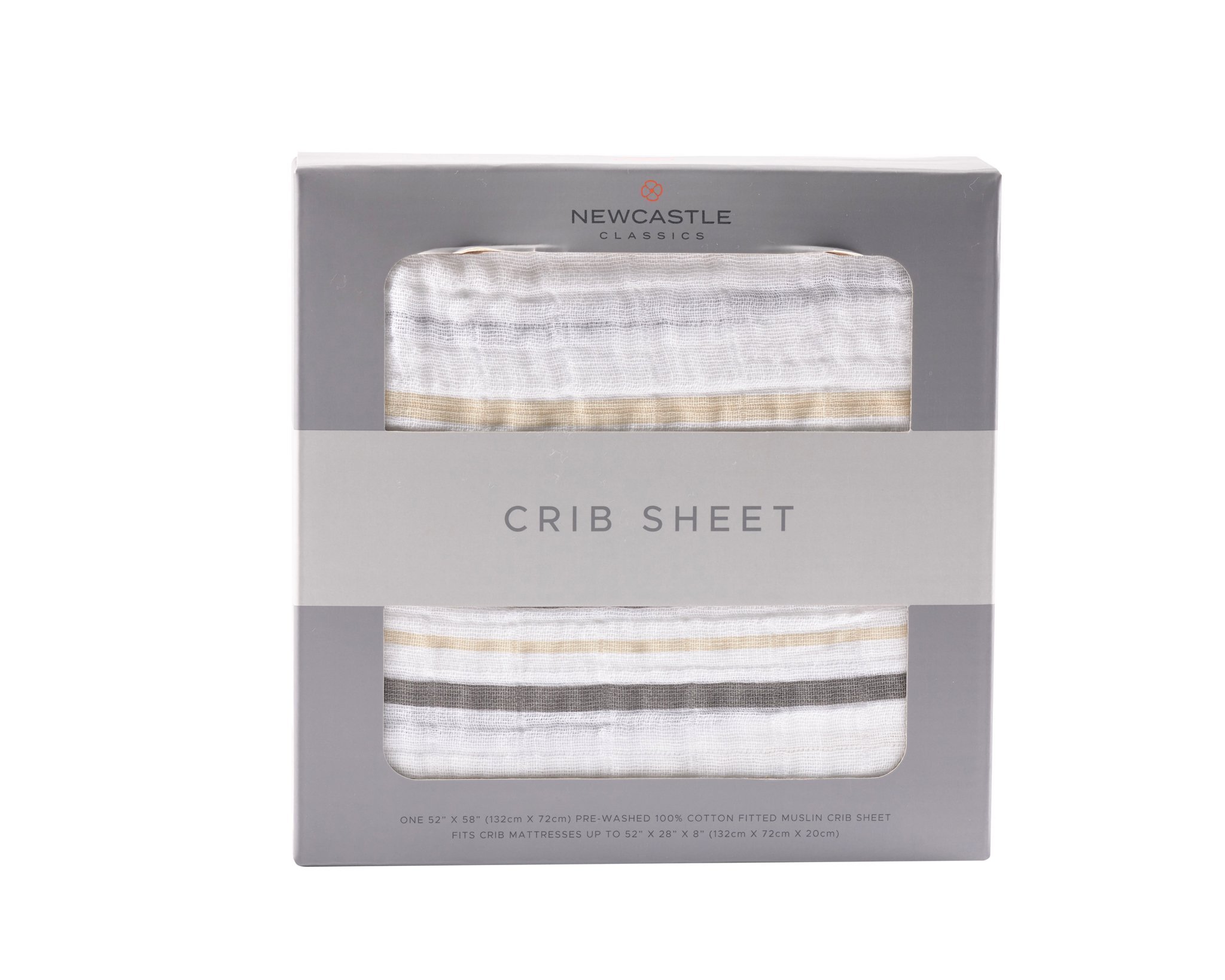 A soft grey stripe crib sheet fitted on a standard crib mattress, showcasing its breathable fabric and stylish design.