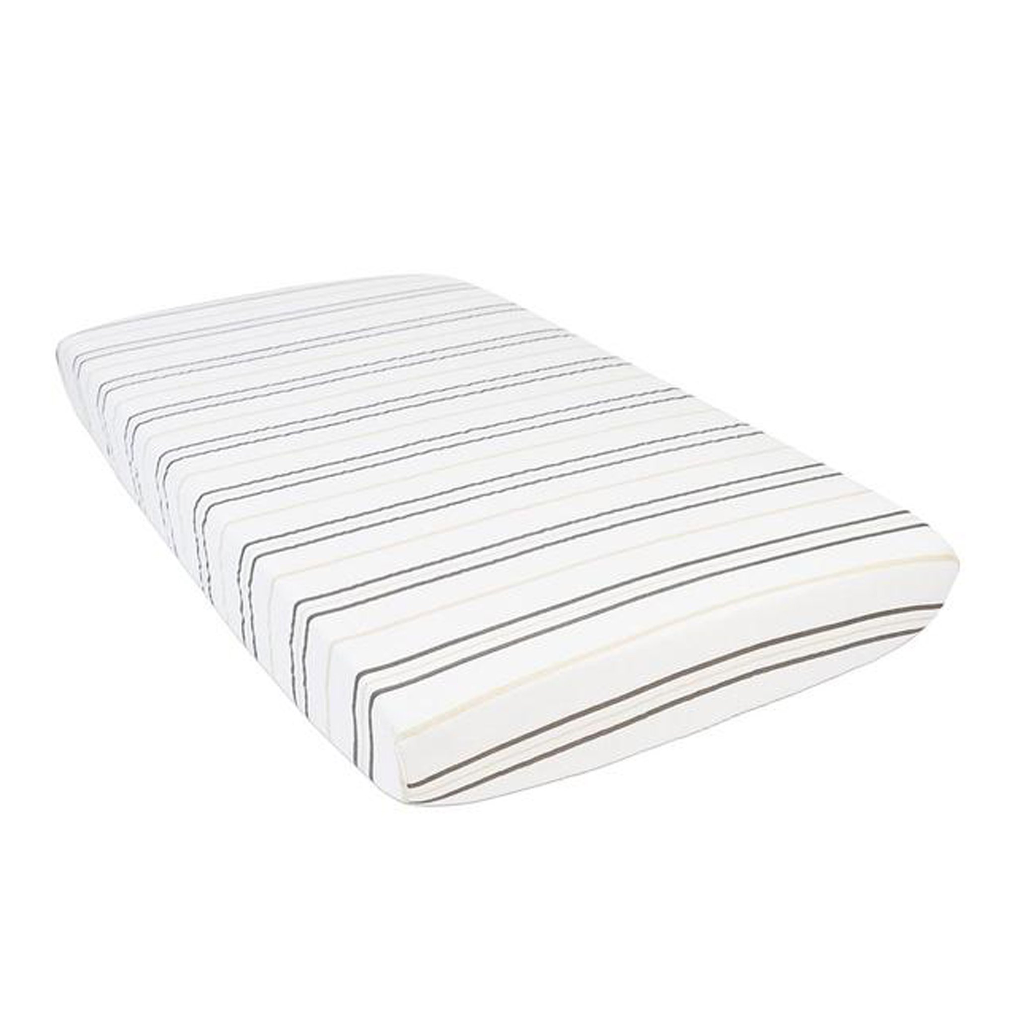 A soft grey stripe crib sheet fitted on a standard crib mattress, showcasing its breathable fabric and stylish design.