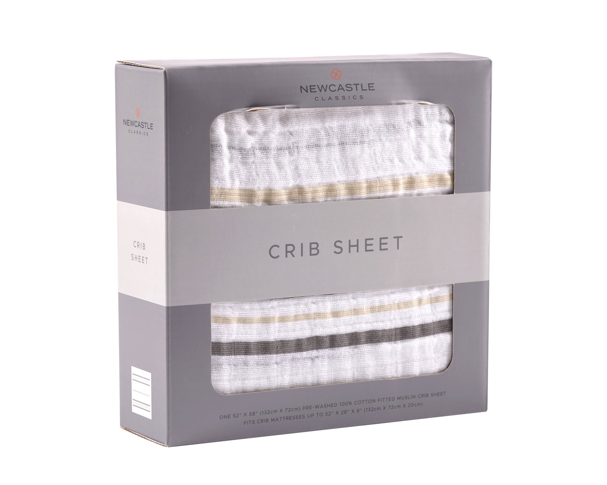 A soft grey stripe crib sheet fitted on a standard crib mattress, showcasing its breathable fabric and stylish design.