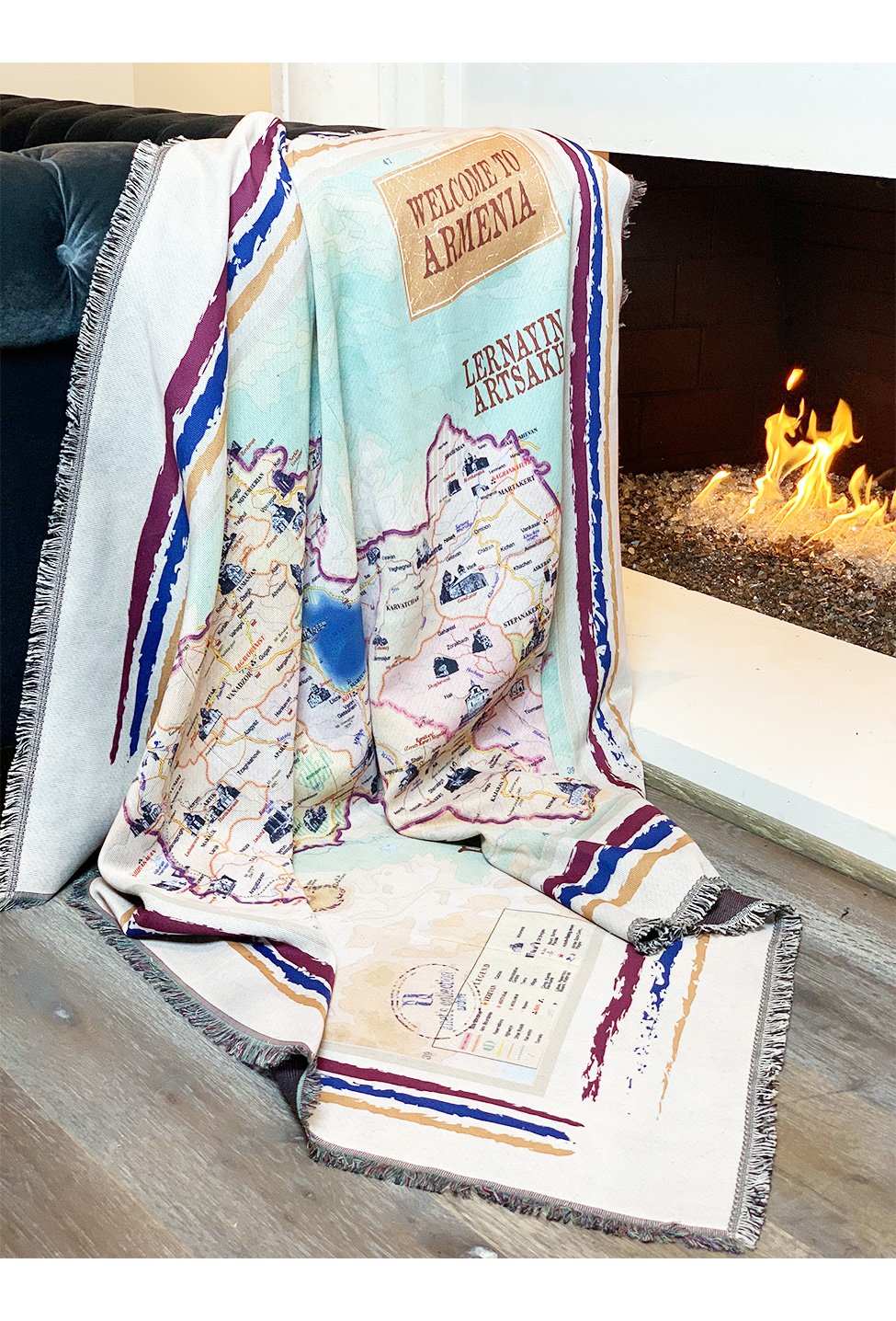 Journey to Armenia Throw/Blanket featuring a detailed map of Armenia with fringed edges, perfect for cozying up or as decorative art.