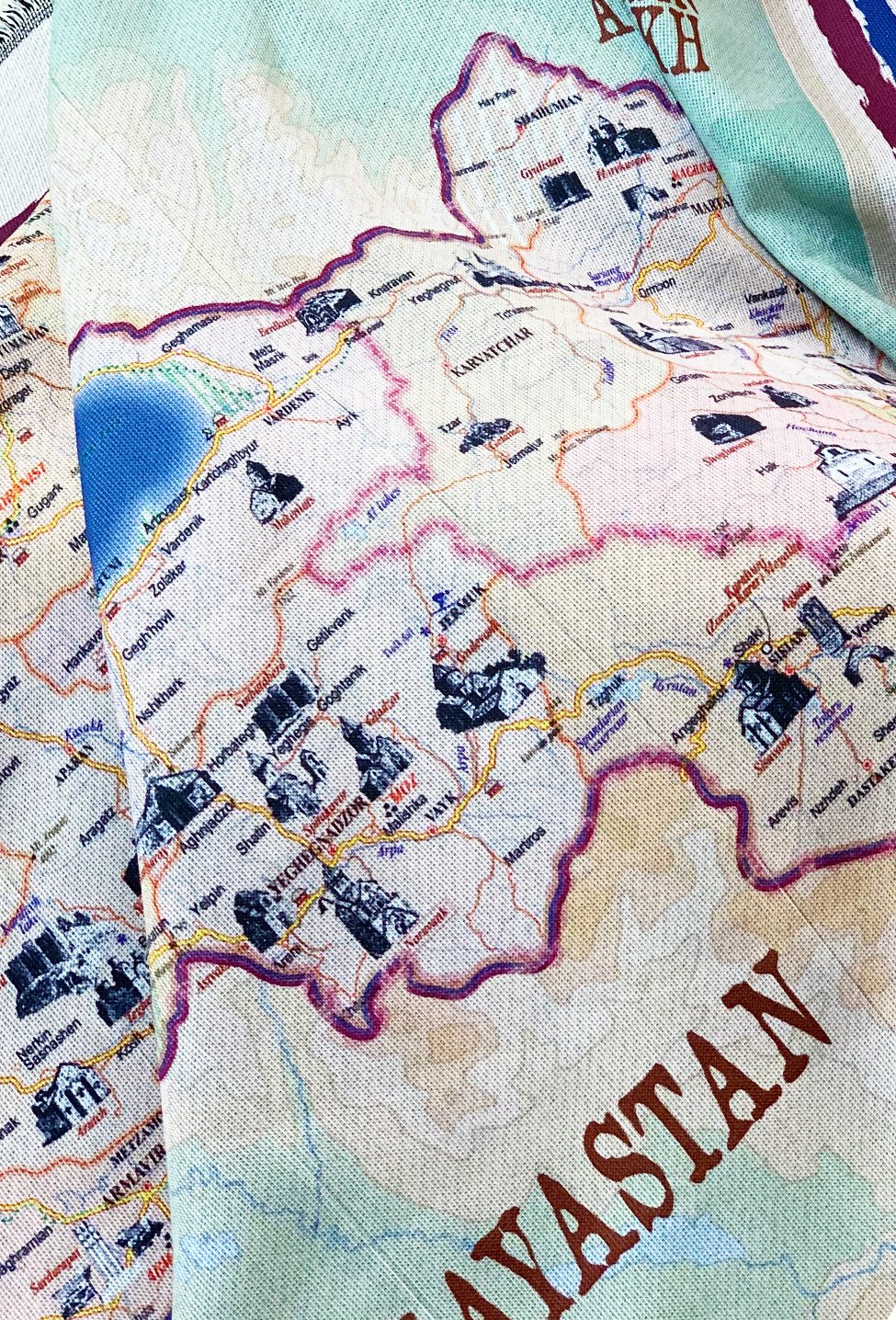 Journey to Armenia Throw/Blanket featuring a detailed map of Armenia with fringed edges, perfect for cozying up or as decorative art.