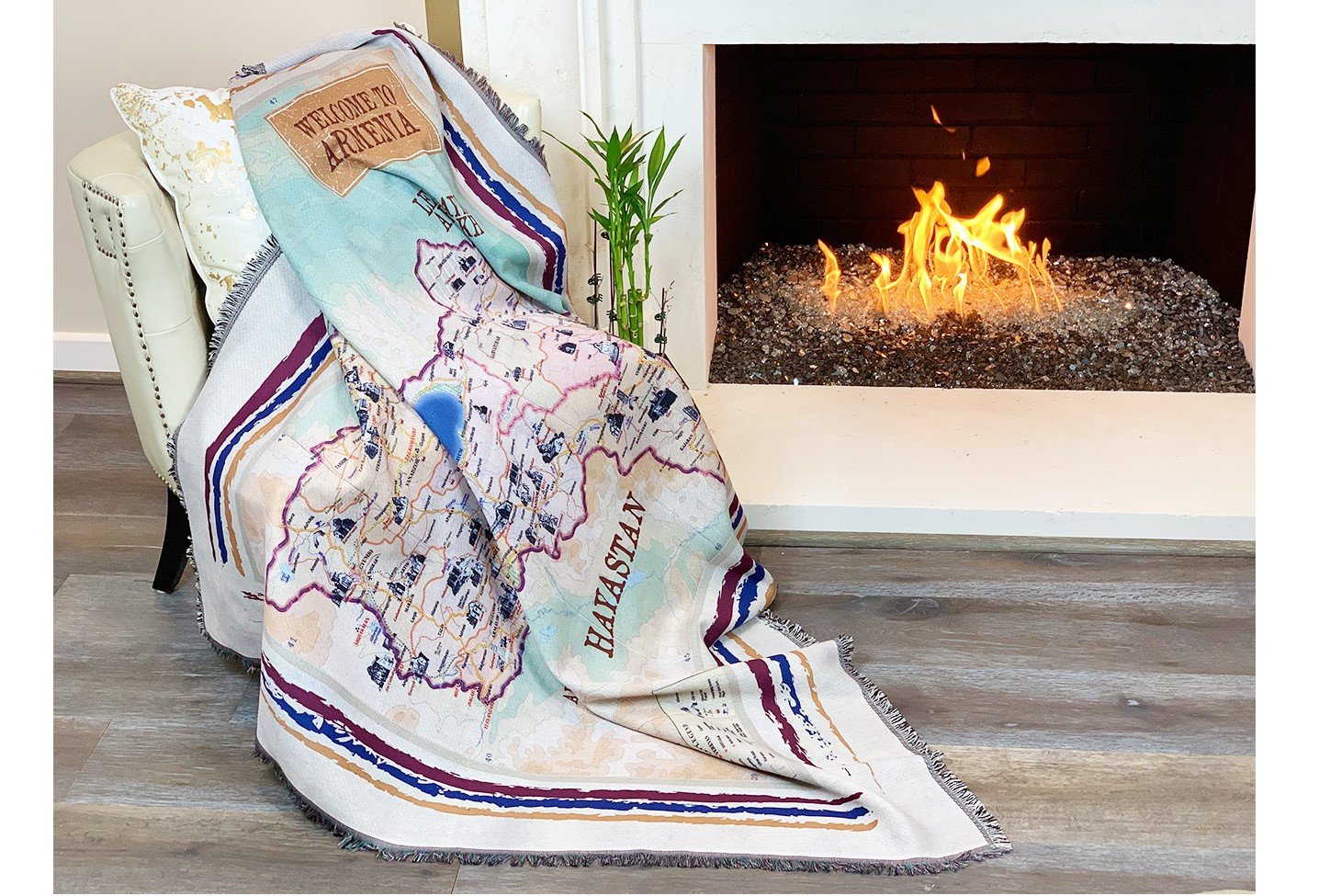 Journey to Armenia Throw/Blanket featuring a detailed map of Armenia with fringed edges, perfect for cozying up or as decorative art.