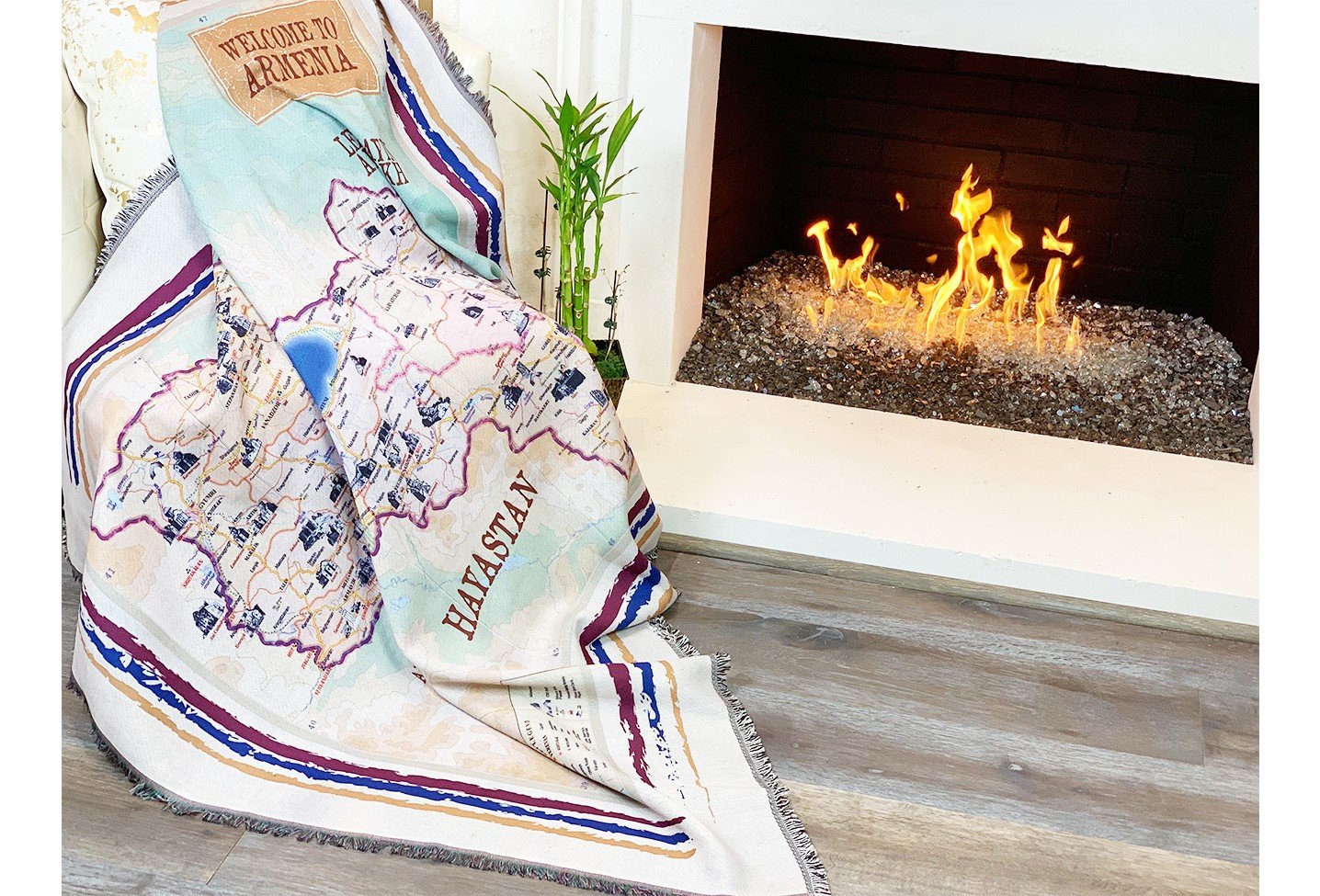 Journey to Armenia Throw/Blanket featuring a detailed map of Armenia with fringed edges, perfect for cozying up or as decorative art.