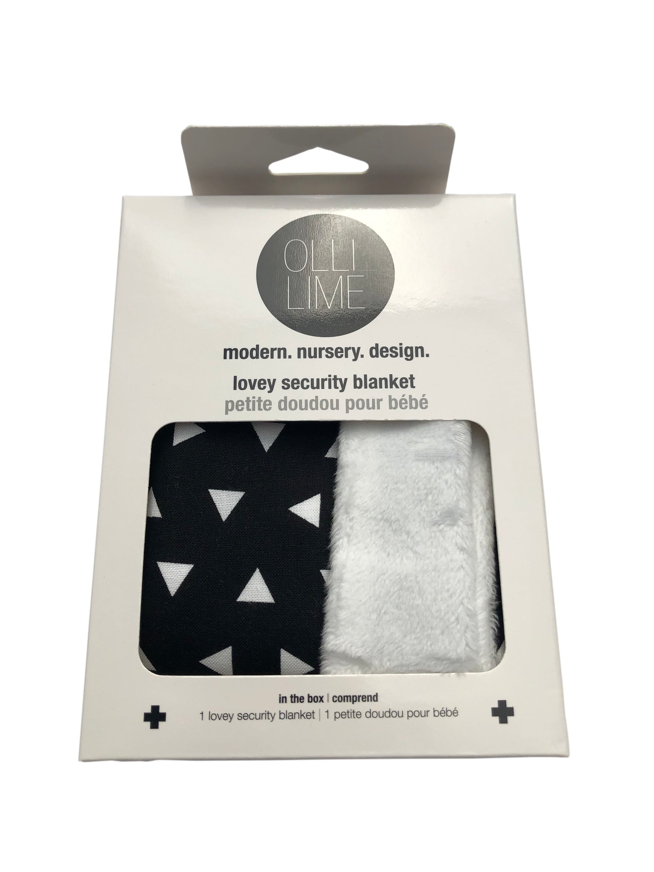 Kingsley + Avi Two Pack Lovey featuring a Triangle and Nest design, showcasing soft minky and cotton fabrics in a modern style.