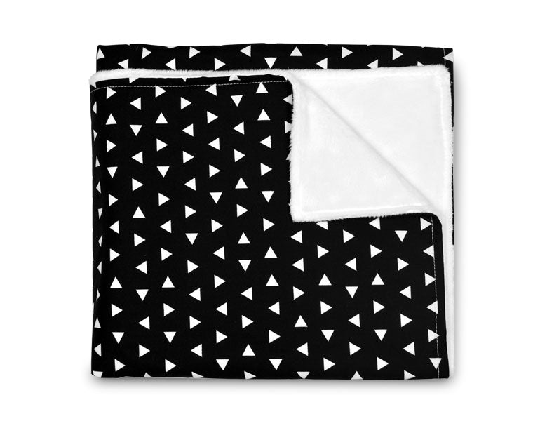 Kingsley Baby Blanket featuring modern triangle design in black and white, soft cotton front and minky back.