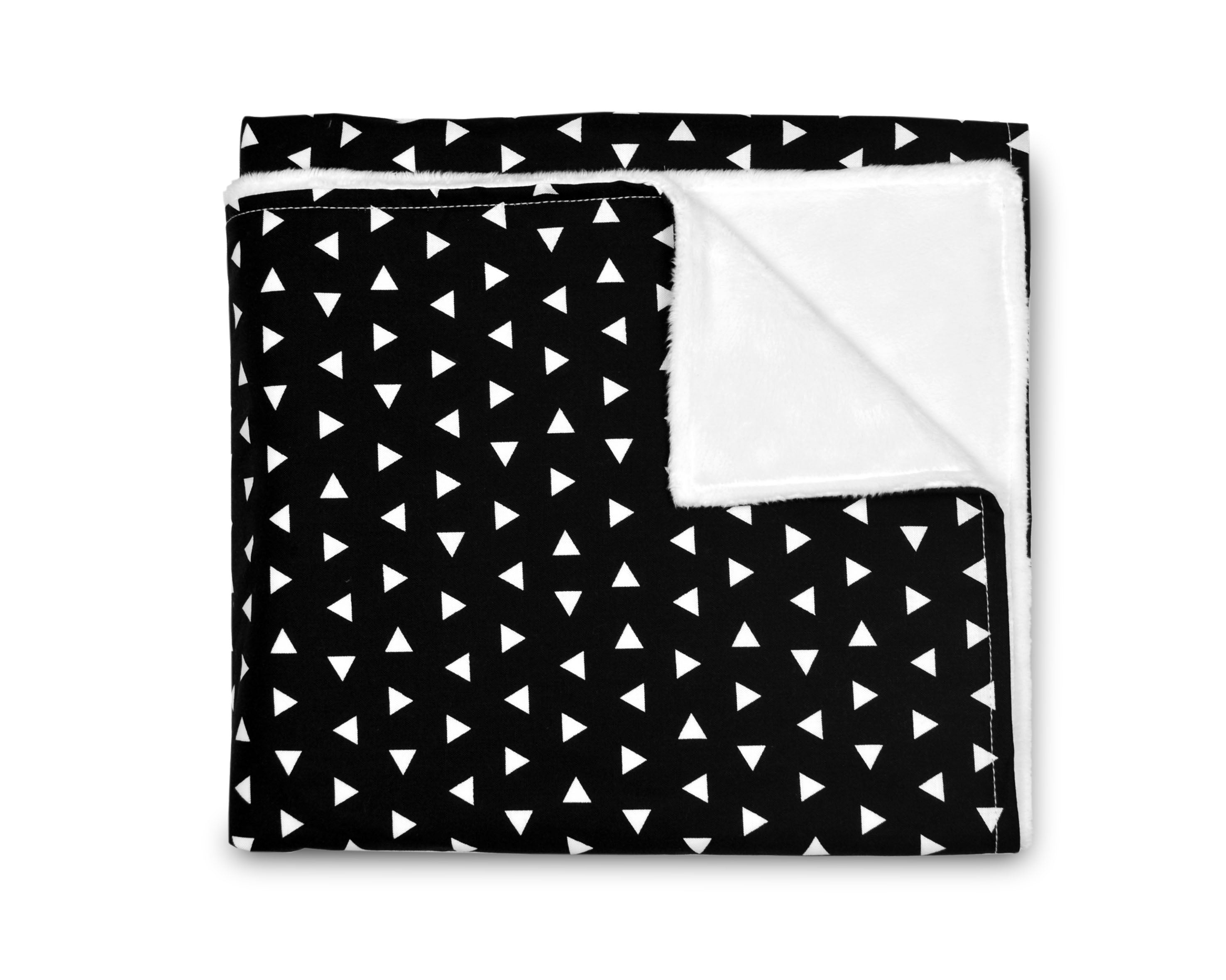 Kingsley Deluxe Crib Bedding Set featuring modern triangle designs in black and white with a grey weave blanket, perfect for stylish nurseries.