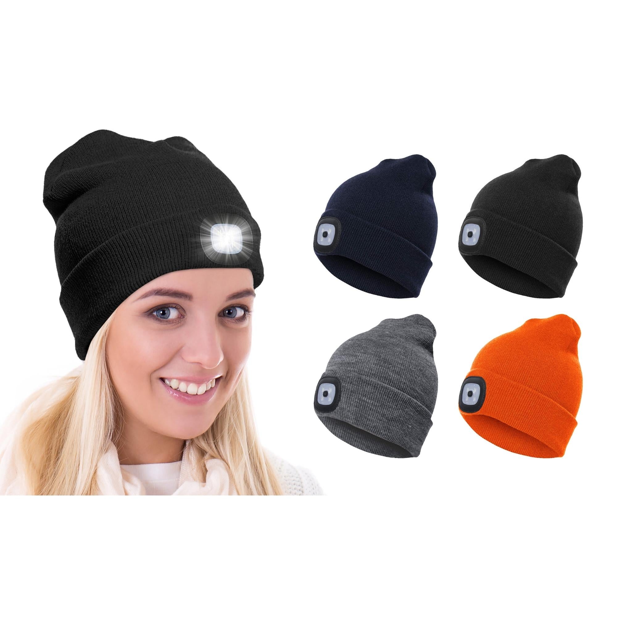 A warm knit winter hat featuring a built-in LED flashlight, perfect for outdoor activities at night.