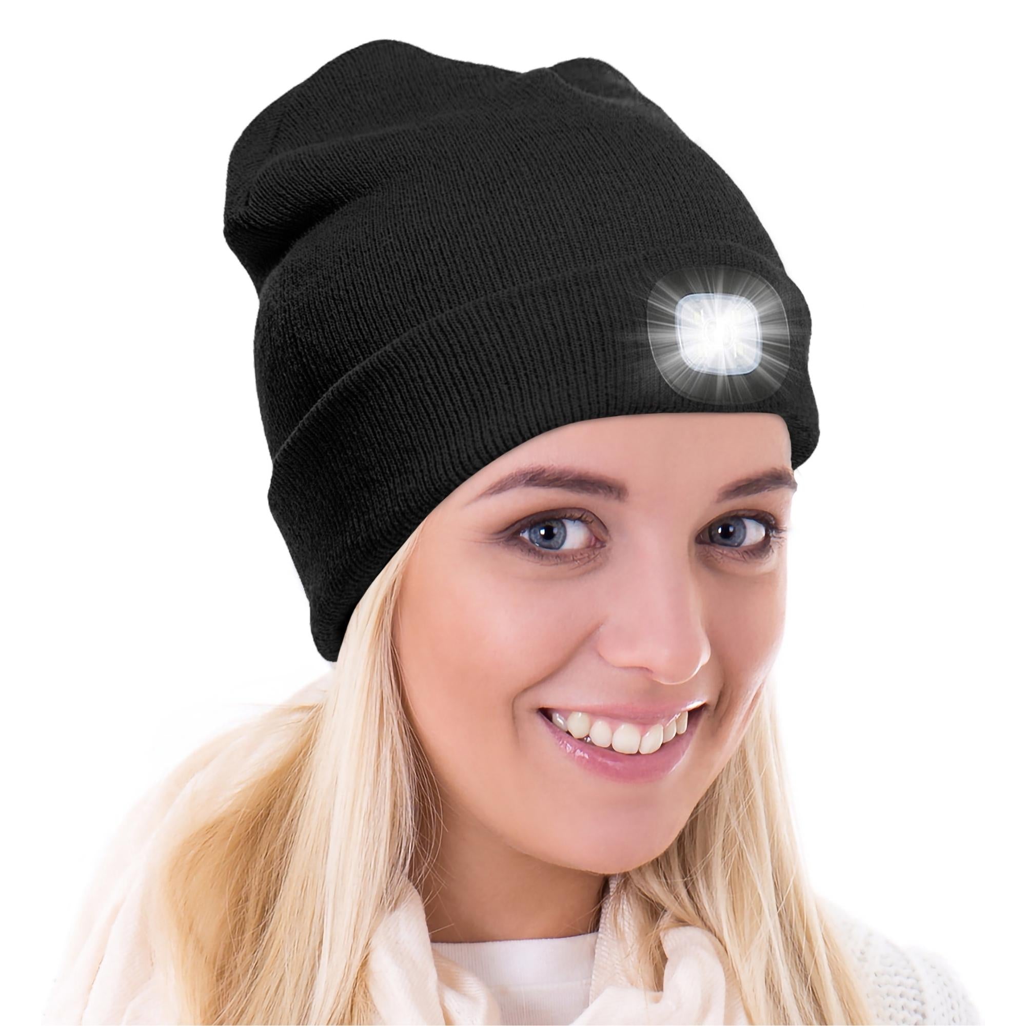 A warm knit winter hat featuring a built-in LED flashlight, perfect for outdoor activities at night.