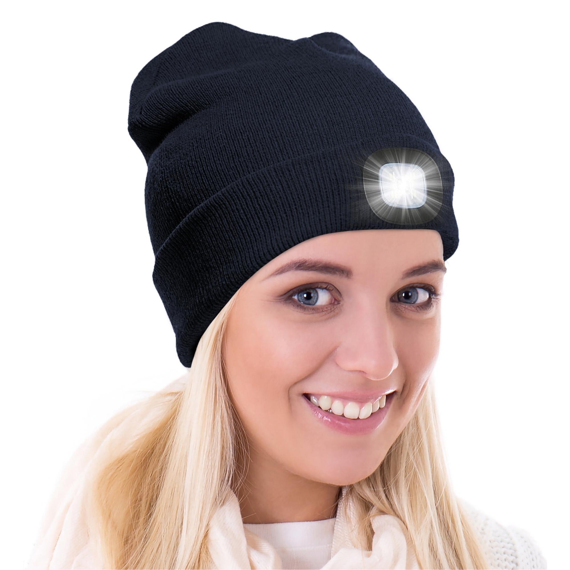 A warm knit winter hat featuring a built-in LED flashlight, perfect for outdoor activities at night.