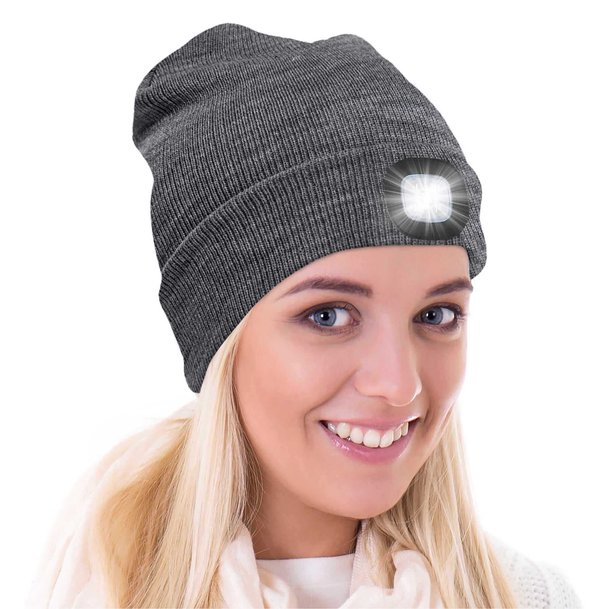 A warm knit winter hat featuring a built-in LED flashlight, perfect for outdoor activities at night.