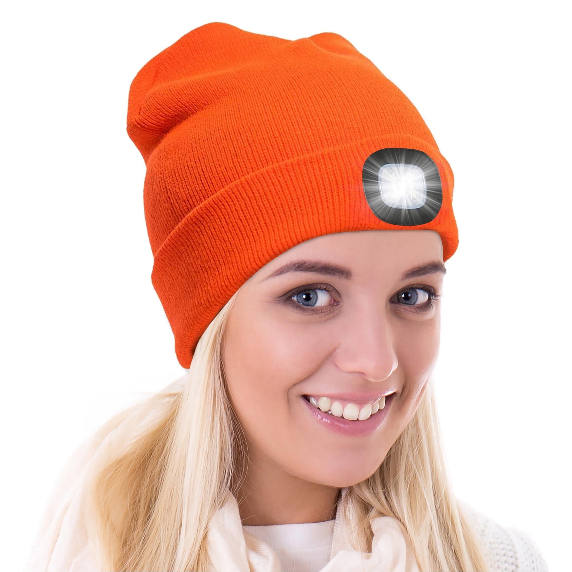 A warm knit winter hat featuring a built-in LED flashlight, perfect for outdoor activities at night.