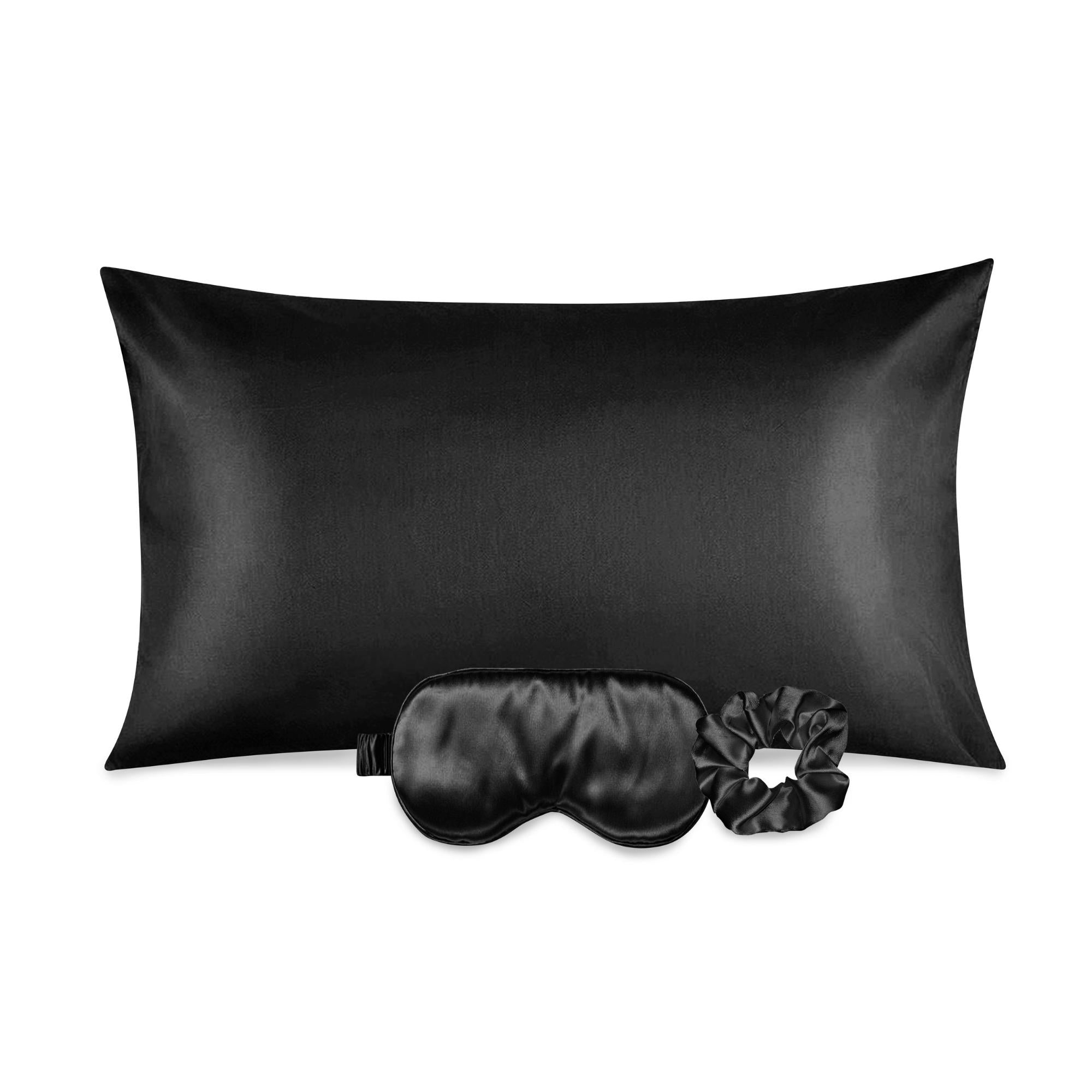 Luxurious satin pillowcase, eye mask, and scrunchie set in soft fabric, ideal for hair and skin care.