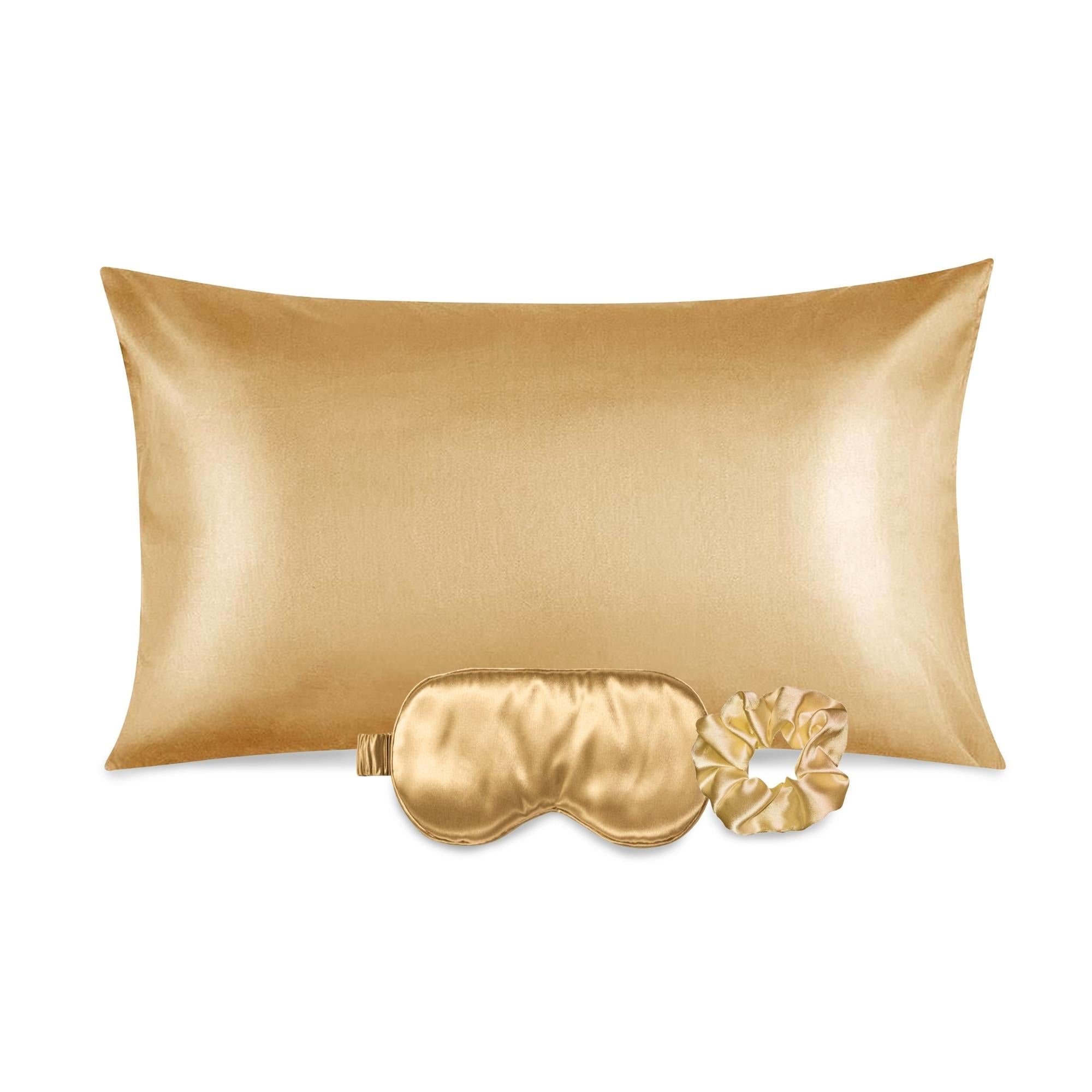 Luxurious satin pillowcase, eye mask, and scrunchie set in soft fabric, ideal for hair and skin care.