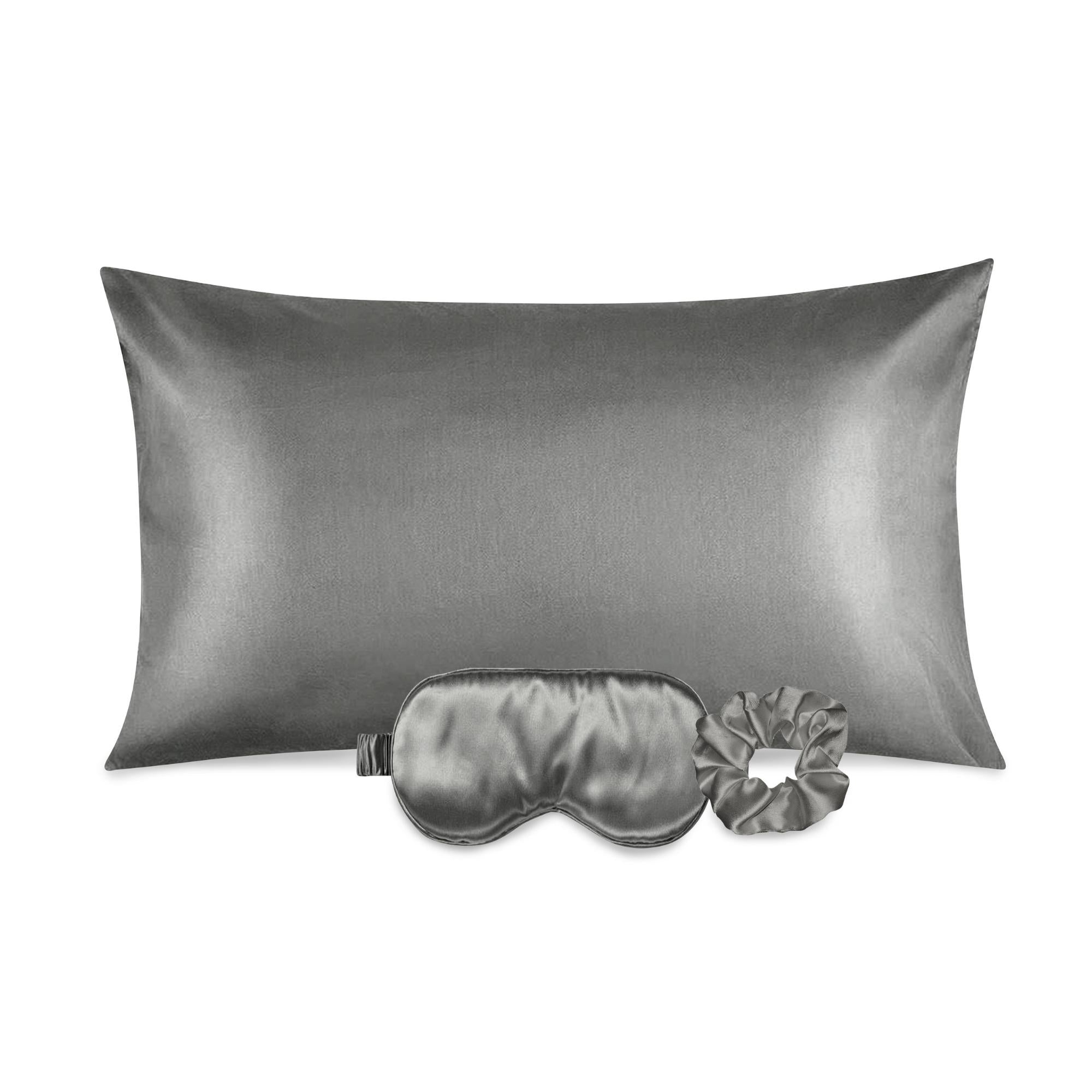 Luxurious satin pillowcase, eye mask, and scrunchie set in soft fabric, ideal for hair and skin care.