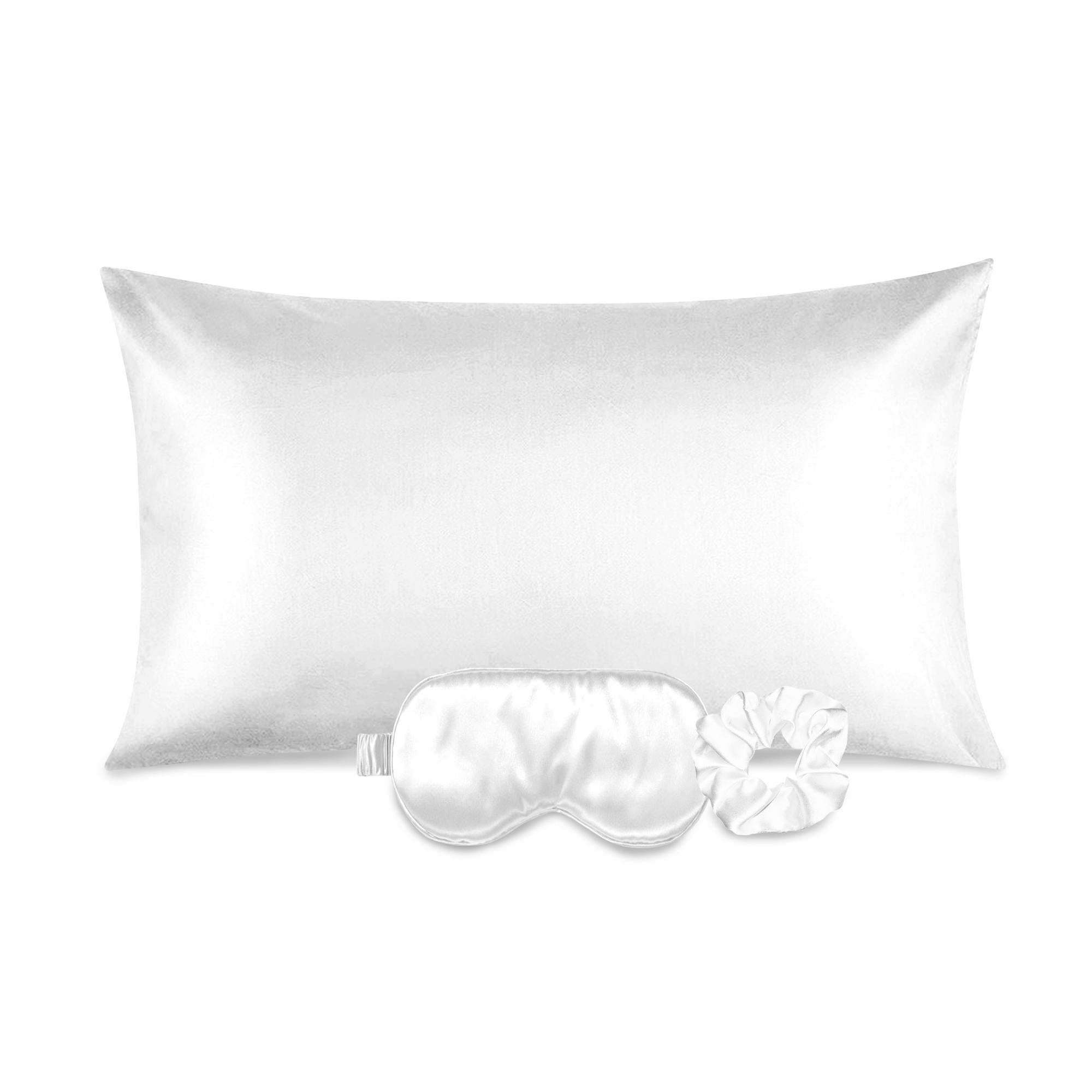 Luxurious satin pillowcase, eye mask, and scrunchie set in soft fabric, ideal for hair and skin care.