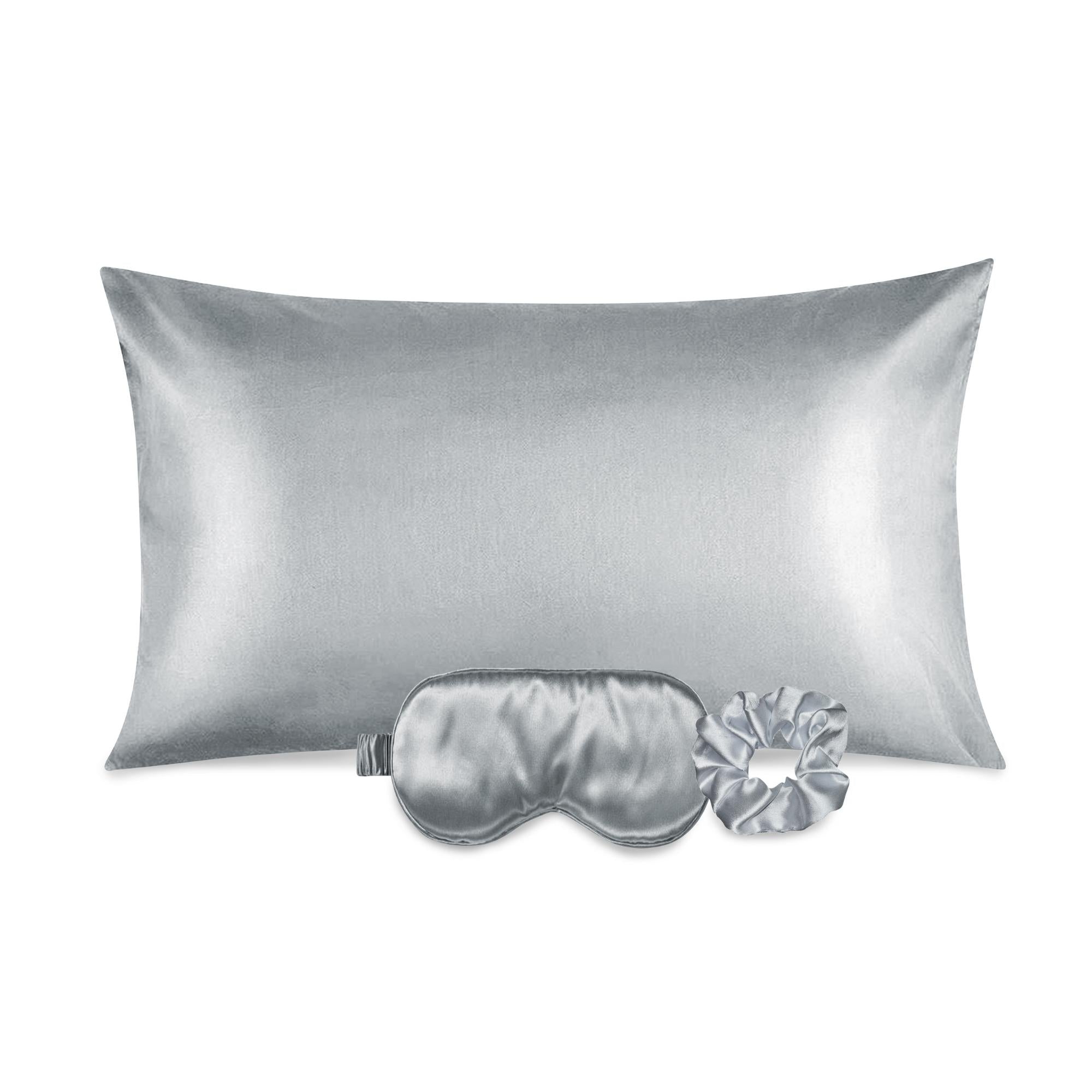 Luxurious satin pillowcase, eye mask, and scrunchie set in soft fabric, ideal for hair and skin care.