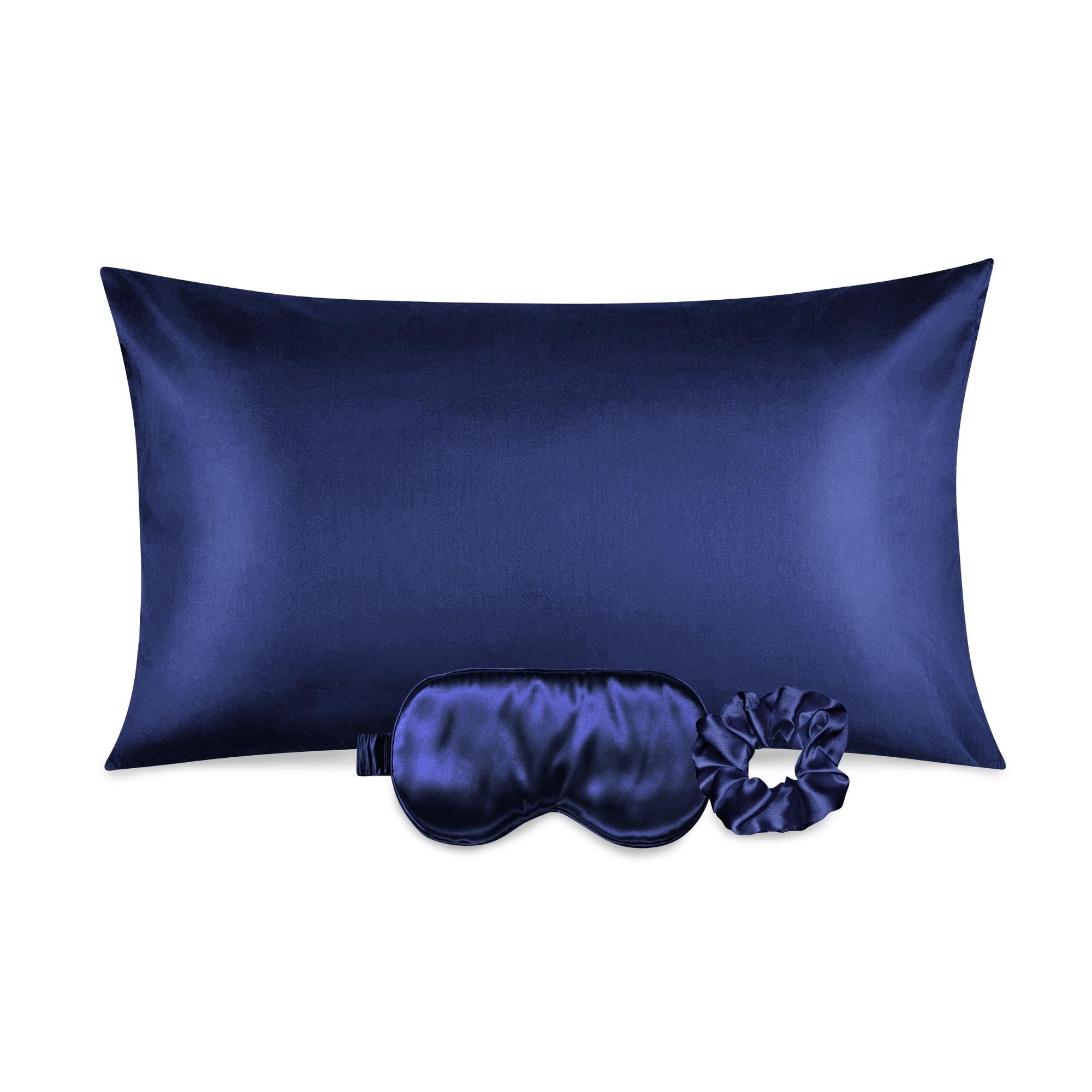 Luxurious satin pillowcase, eye mask, and scrunchie set in soft fabric, ideal for hair and skin care.