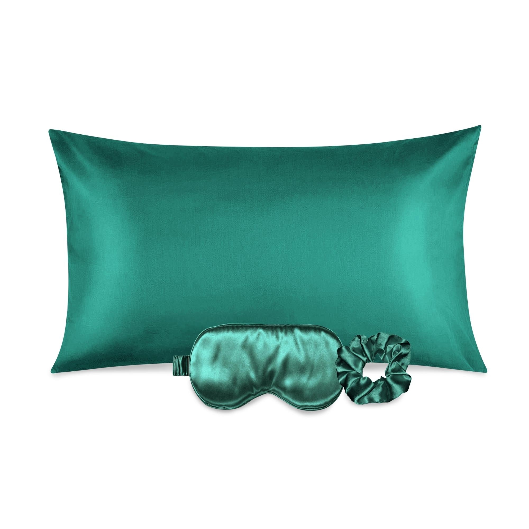 Luxurious satin pillowcase, eye mask, and scrunchie set in soft fabric, ideal for hair and skin care.