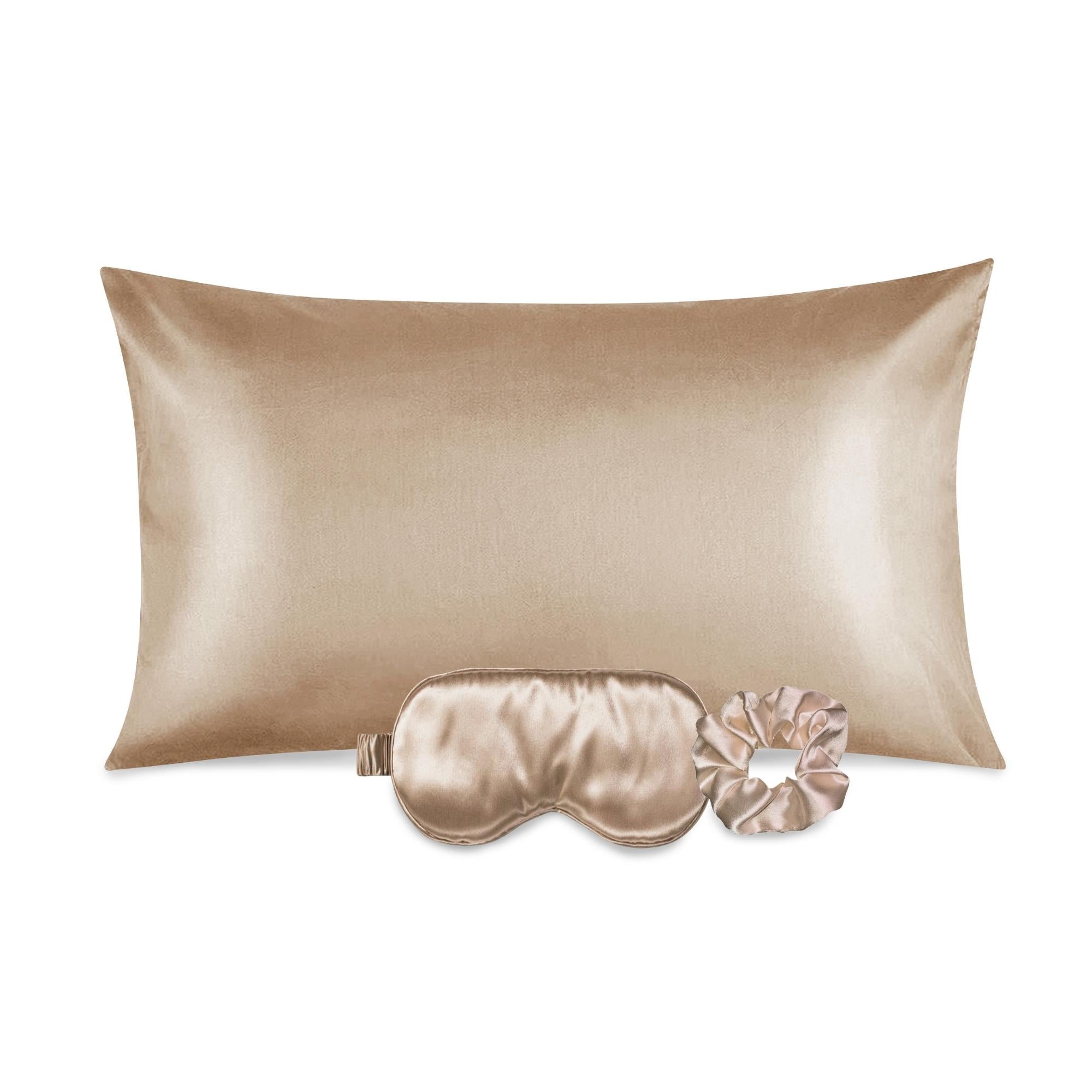 Luxurious satin pillowcase, eye mask, and scrunchie set in soft fabric, ideal for hair and skin care.