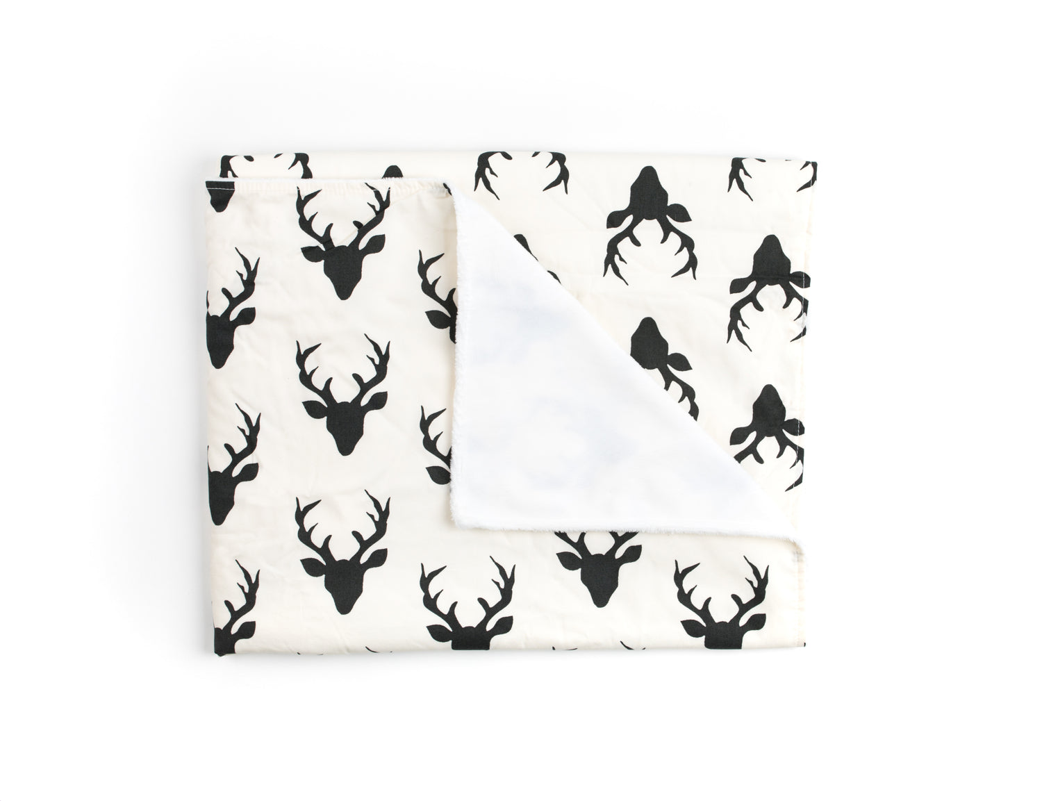 Mila Baby Blanket featuring a modern woodland deer design in off-white and black, with a soft minky backing, perfect for nurseries.