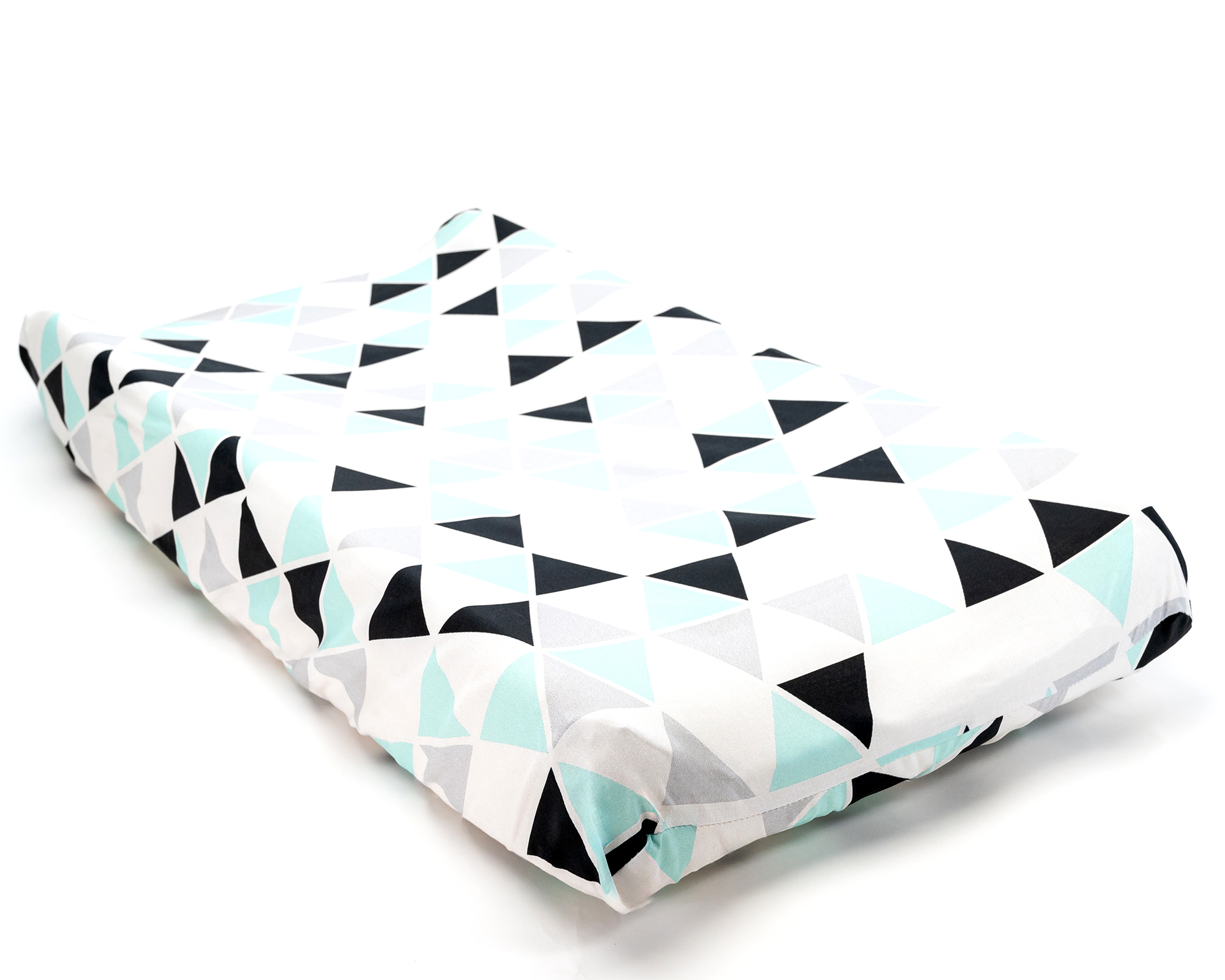 Minty Origami Changing Pad Cover featuring mint, gray, and black triangles on a white background, made from 100% premium cotton.